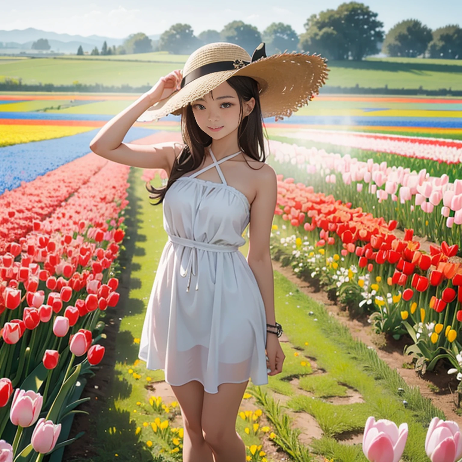 There is a beautiful Chinese woman standing in a field of tulips with a sun hat and wearing a white halter dress, longos cabelos castanhos ondulados, wearing sunglasses, alto e magro, Beautiful, sorriso sutil, Standing in the field of tulips, standing in a flower field, Woman standing in tulip field, girl standing in a flower field, standing in a field with flowers, menina em um campo de flores, com campos de flores em primeiro plano, em um campo de flores, campos de flores, girl standing in flower field