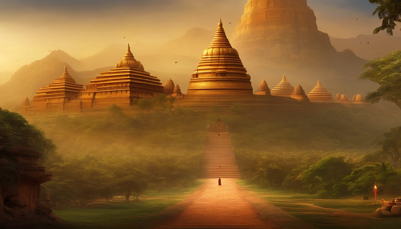 People who listen to Buddha々, Magnificent Buddhist temple in the background,Tower of Babel,Ancient India, Mystical temple, monks, glowing temple in distance, , buddhism, A meditative, budista, mystical setting, mysterious temple setting