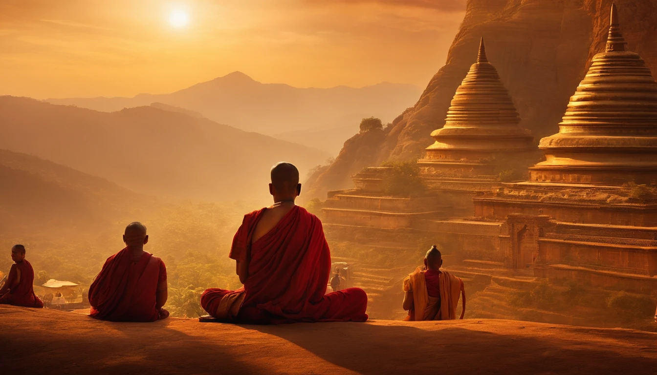 People who listen to Buddha々, Magnificent Buddhist temple in the background,Tower of Babel,Ancient India, Mystical temple, monks, glowing temple in distance, , buddhism, A meditative, budista, mystical setting, mysterious temple setting