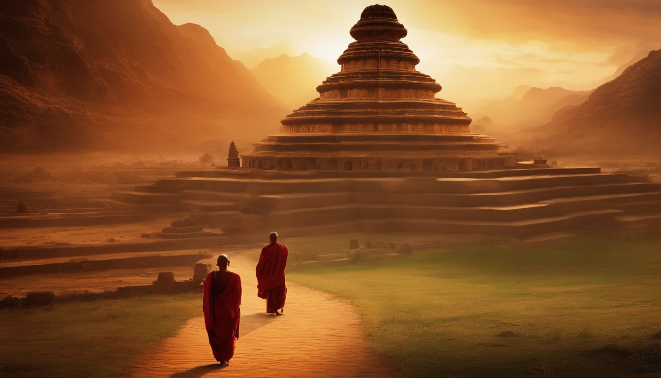 People who listen to Buddha々, Magnificent Buddhist temple in the background,Tower of Babel,Ancient India, Mystical temple, monks, glowing temple in distance, , buddhism, A meditative, budista, mystical setting, mysterious temple setting