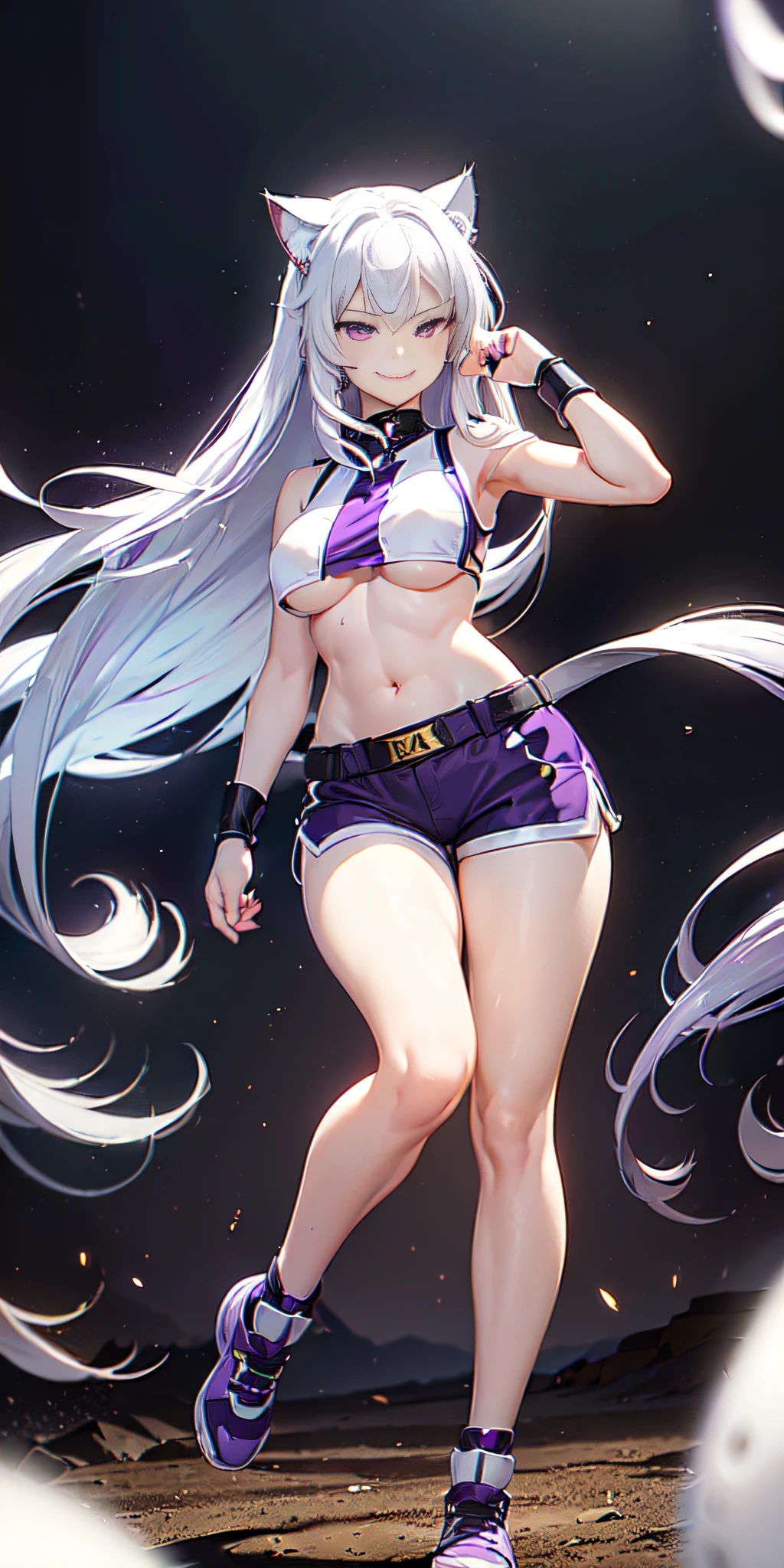 ((17 Year Old Girl, Long White Hair, Purple Eyes, Cat Ears, Superhero Uniform, Shorts, Sleeveless, Open Belly, Inner Sideboob, Smirk, Masterpiece, High Quality))