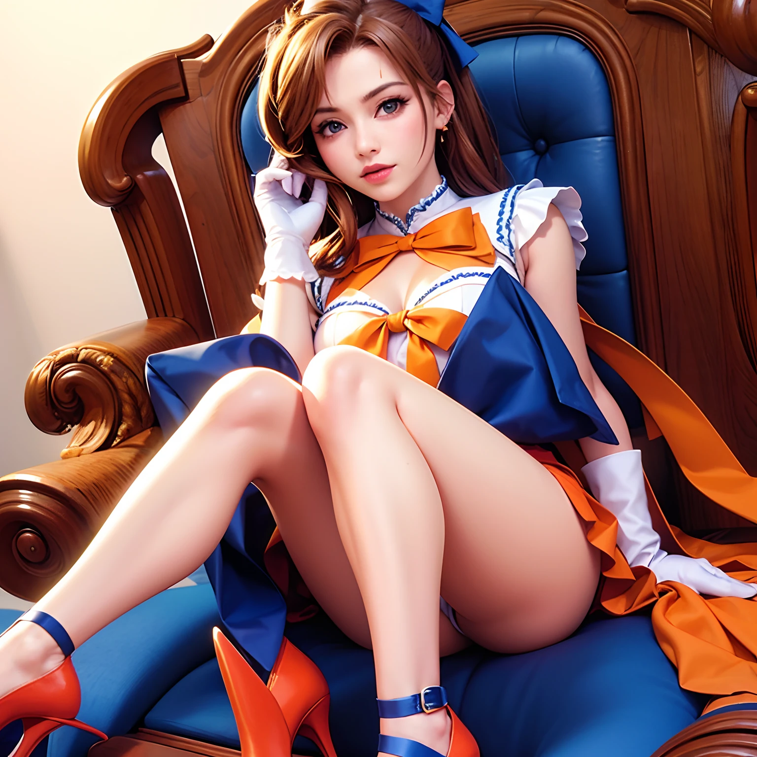 Aerith Gainsborough Sailor Venus fusion, materpiece, Aeirth face, sailor outfit, red bow in hair, blue bow on chest, prange shirt, long white gloves, orange high heels