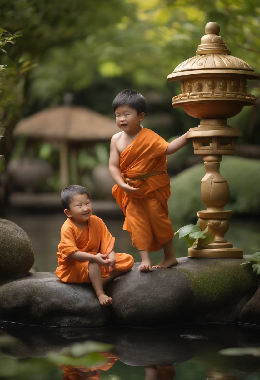 (best quality,4k,8k,highres,masterpiece:1.2),ultra-detailed,(realistic,photorealistic,photo-realistic:1.37),two boys carrying a statue of a chubby Japanese Buddha,sculptural beauty,tranquil garden setting,prominently displayed statue of a laughing Buddha,traditional Japanese garden landscape,lush greenery,serene atmosphere,carefully crafted ornamental details,two boys with happy expressions,one boy in traditional Japanese clothing, the other in casual attire,carrying a large wooden platform,meticulously carved and painted statue adorned with intricate patterns and vibrant colors,two boys struggling with the weight of the statue,sweat glistening on their foreheads,peaceful sound of flowing water nearby,gentle sunlight casting a warm glow,harmonious blend of traditional and modern elements,positive and energetic vibes emanating from the scene