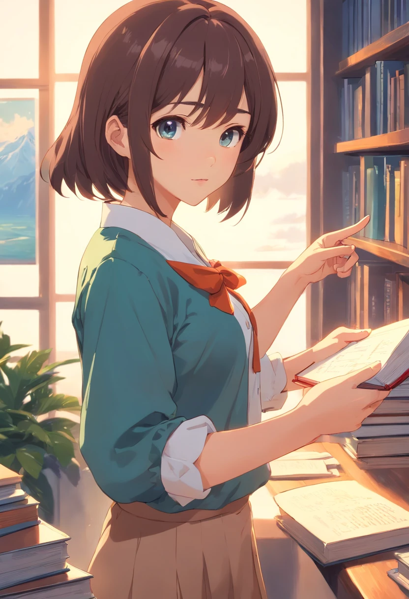 Blouse-clad girl, pointing at you and scolding , holding a book in left hand, margin at the top