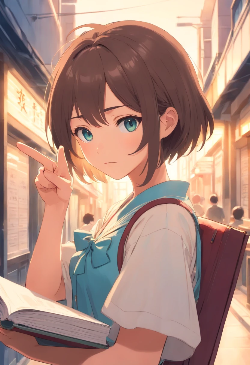 Blouse-clad girl, pointing at you and scolding , holding a book in left hand, margin at the top