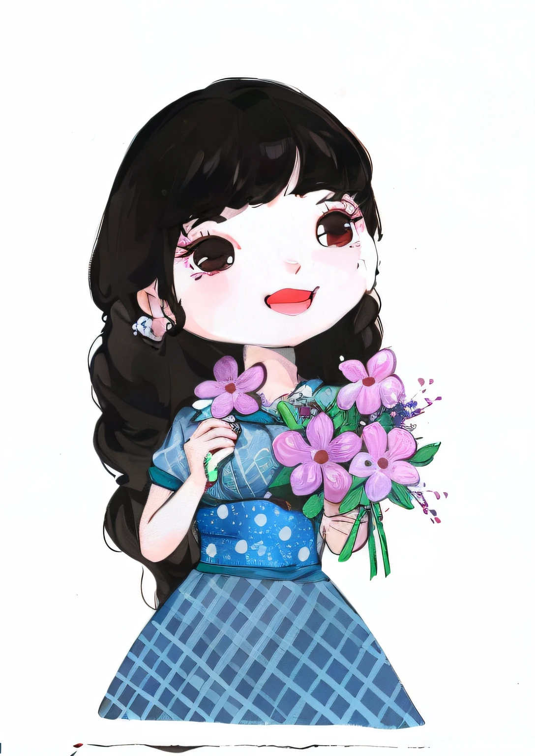 Cartoon girl with flowers in hand and a teddy bear, flores em seus cabelos escuros, com flores, com um rosto de flor, retrato feminino com flores, bela arte digital, meninaabelo preto, senhora com vestido de flores brilhantes, vestido com um vestido de flor, inspirado em Kim Du-ryang, cute illustration, in illustration style digital, Arte tradicional