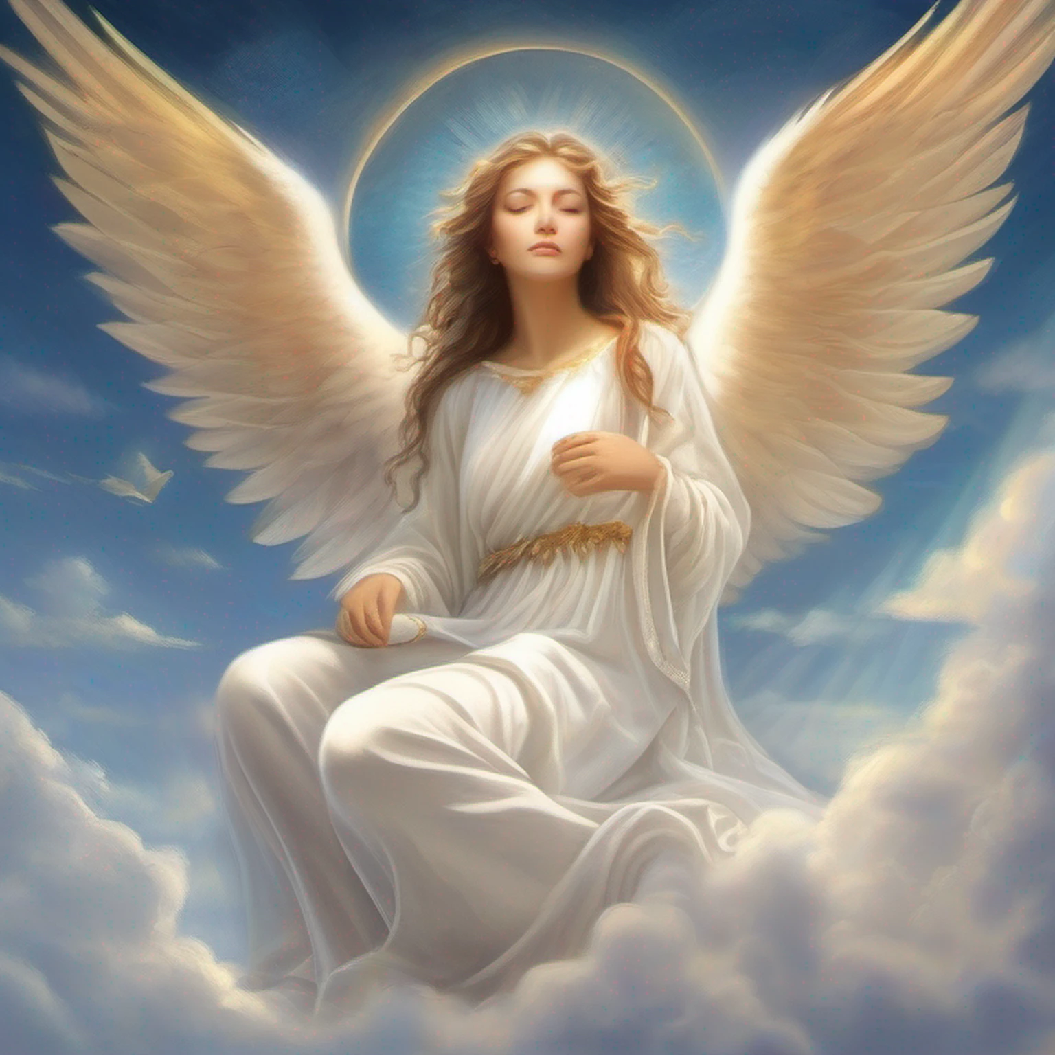 The angel must have a serene and majestic appearance, with bright white wings extending backwards. Your features should convey a calm and angelic expression, with soft eyes and a soft smile on his lips. The angel will be sitting or floating on a soft, fluffy cloud, rodeado por um leve brilho celestial. Your hands should be expertly positioned, dedilhando as cordas da harpa com graciosidade. A harpa deve ser representada com detalhes elegantes, com cordas douradas brilhantes e um formato delicado. The soft light will envelop the angel, destacando suas asas e criando uma atmosfera celestial. The scenery may include additional clouds and gentle rays of sun that cross the sky, Creating a Celestial and Magical Environment. Por favor, Try to capture the sense of serenity, Beauty and harmony in this illustration. Feel free to add your own artistic style and creativity to the drawing. Aguardo ansiosamente para ver o resultado final dessa maravilhosa imagem de um anjo tocando harpa.