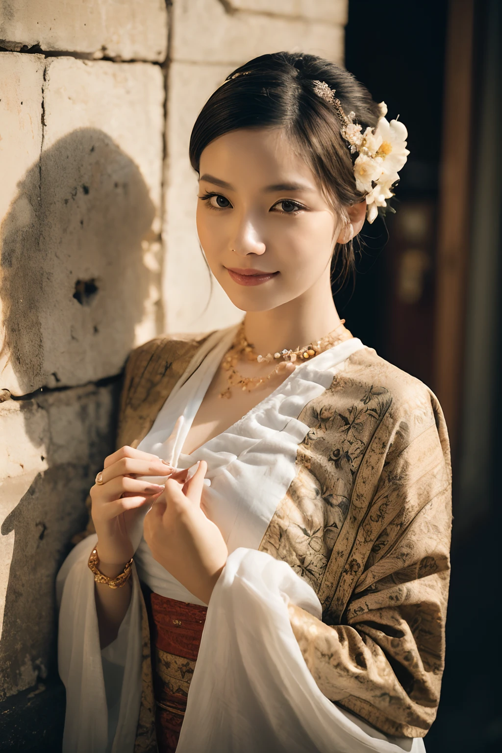 (best quality,4k,8k,highres,masterpiece:1.2),ultra-detailed,(realistic,photorealistic,photo-realistic:1.37),portrait,stunning Burmese patterned traditional dress lady,beautifully adorned,eye-catching brocade patterns,rich and vibrant colors,detailed embroidery work,exquisite textures,meticulously handcrafted dress,vividly captures the essence of Burmese culture,traditional floral motifs,graceful silhouette,fine folds and pleats,accentuates the lady's elegance,black single bun hair with flower,intricately arranged hairpiece,delicate and feminine,adds a touch of sophistication,soft yet confident expression,deep and captivating eyes,lustrous lips with a hint of a smile,flawless complexion,golden accessories,polished and refined,mesmerizing presence,subtle lighting,dramatic shadows,showcases the lady's grace and beauty,immersive visual experience, naked lady