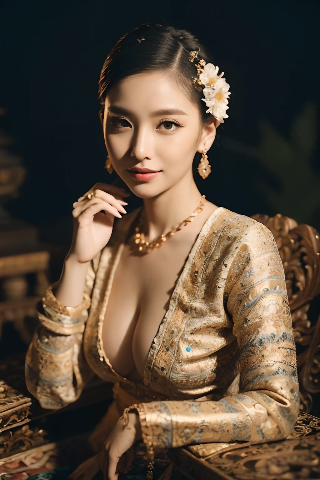 (best quality,4k,8k,highres,masterpiece:1.2),ultra-detailed,(realistic,photorealistic,photo-realistic:1.37),portrait,stunning Burmese patterned traditional dress lady,beautifully adorned,eye-catching brocade patterns,rich and vibrant colors,detailed embroidery work,exquisite textures,meticulously handcrafted dress,vividly captures the essence of Burmese culture,traditional floral motifs,graceful silhouette,fine folds and pleats,accentuates the lady's elegance,black single bun hair with flower,intricately arranged hairpiece,delicate and feminine,adds a touch of sophistication,soft yet confident expression,deep and captivating eyes,lustrous lips with a hint of a smile,flawless complexion,golden accessories,polished and refined,mesmerizing presence,subtle lighting,dramatic shadows,showcases the lady's grace and beauty,immersive visual experience, naked lady