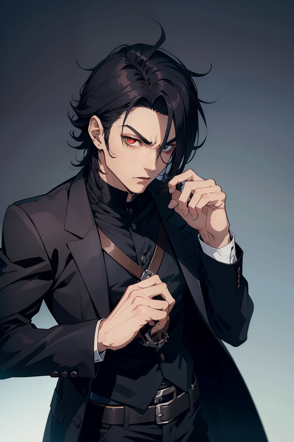homem de meia idade, cabelo preto curto, Vampire Hunter. estilo anime.