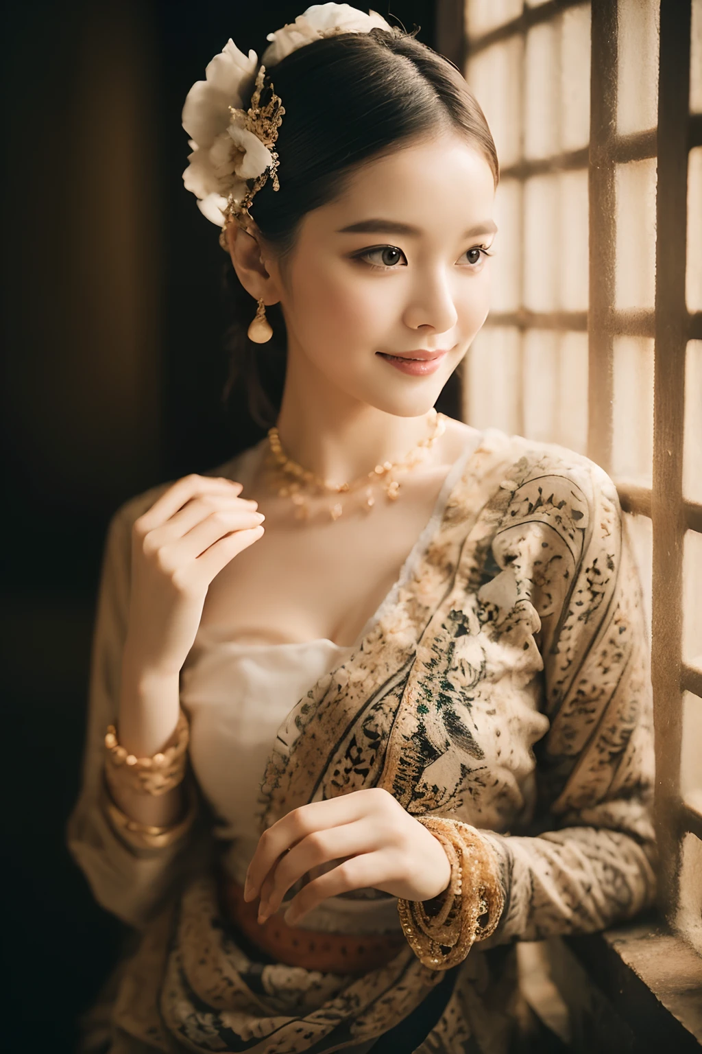 (best quality,4k,8k,highres,masterpiece:1.2),ultra-detailed,(realistic,photorealistic,photo-realistic:1.37),portrait,stunning Burmese patterned traditional dress lady,beautifully adorned,eye-catching brocade patterns,rich and vibrant colors,detailed embroidery work,exquisite textures,meticulously handcrafted dress,vividly captures the essence of Burmese culture,traditional floral motifs,graceful silhouette,fine folds and pleats,accentuates the lady's elegance,black single bun hair with flower,intricately arranged hairpiece,delicate and feminine,adds a touch of sophistication,soft yet confident expression,deep and captivating eyes,lustrous lips with a hint of a smile,flawless complexion,golden accessories,polished and refined,mesmerizing presence,subtle lighting,dramatic shadows,showcases the lady's grace and beauty,immersive visual experience, naked lady