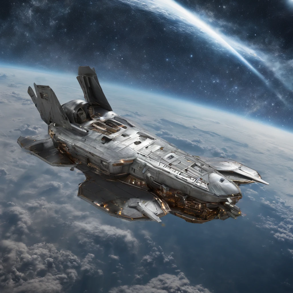 spacecraft with metal jet appearance, plastic, blindagem Liza. planos futurista fundo nave de guerra em forma futurista voando 4k