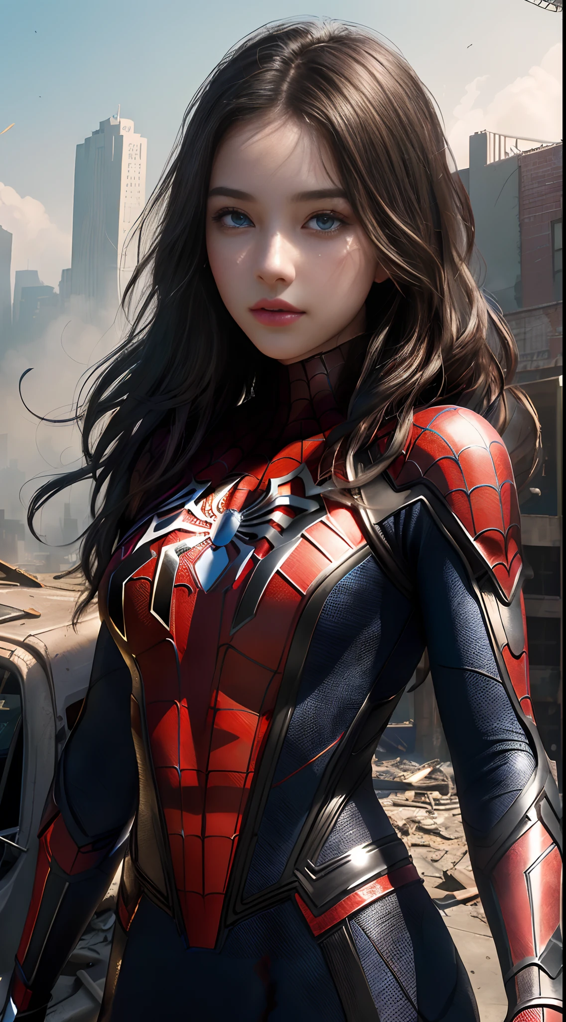(1girl:1.3), solo, (((extremely detailed face))),(((extremely detailed eyes and face))),beautiful detailed eyes,body-parts__, official art, unified 8k wallpaper, super detailed, beautiful and aesthetic, beautiful, masterpiece, best quality, raw, masterpiece, super fine photo, best quality, super high resolution, photorealistic realism, sunlight, full body portrait, amazing beauty,, dynamic pose, delicate face, vibrant eyes, (from the front), she is wearing a Spider-man suit, red and black color scheme, spider, very detailed abandoned warehouse background, Detailed face, detailed complex busy background, messy, gorgeous, milky white, highly detailed skin, realistic skin details, visible pores, sharp focus, volumetric fog, 8k uhd, DSLR, high quality, film grain, fair skin, photo realism, lomography, huge metropolis in future dystopia, seen from below, translucent