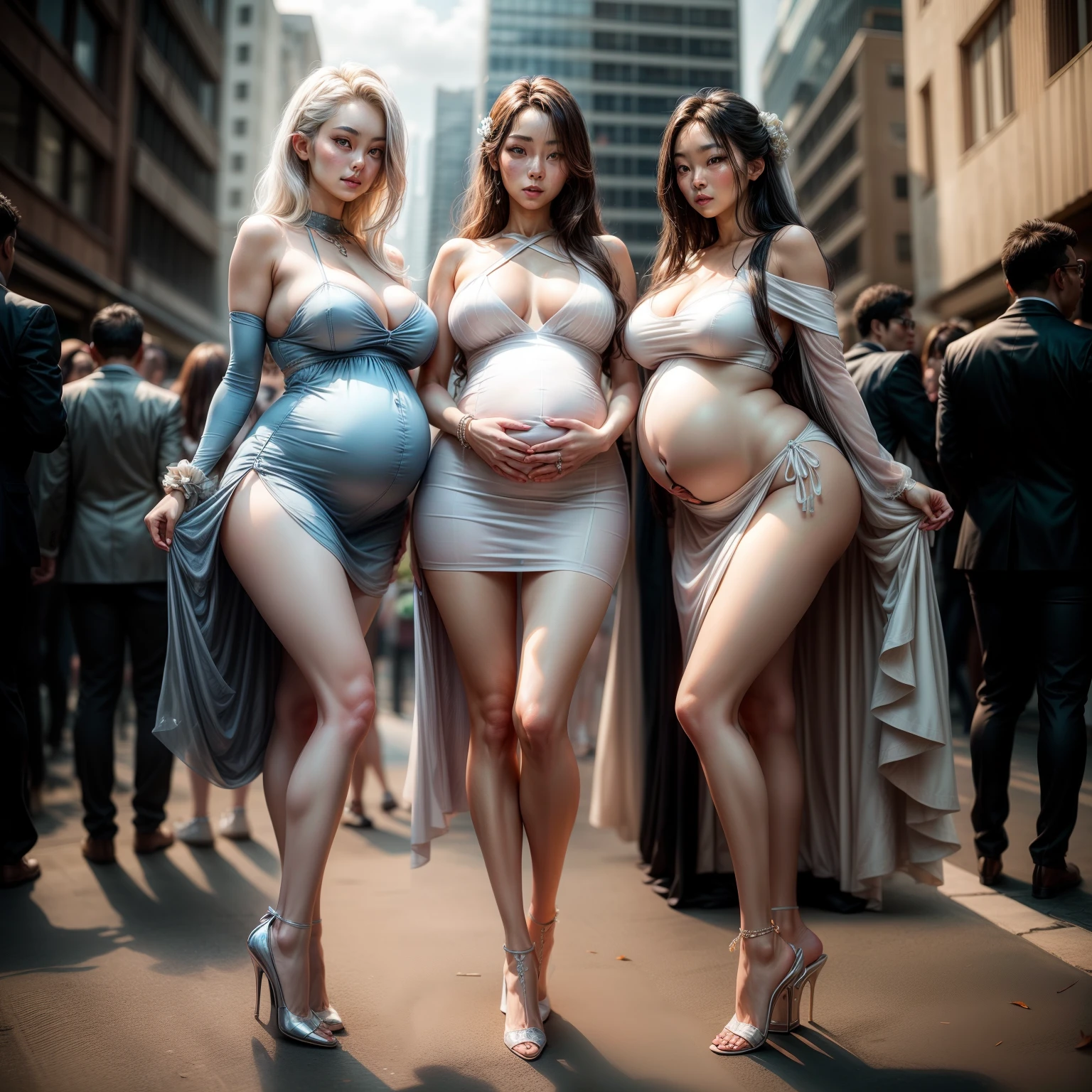 Two Korean brides，pregnant women with，Transparent wedding dress，spread their legs，Bend over，Stand on one foot，Bare legged，long leges，Wear an anklet on one foot，high-heels，Being watched by crowds on the street，(Highest picture quality)，(Delicate face，Blushlush)，(lip bite，scowling)，(cabelos preto e longos)，(Thin body)，(Thin calves and ankles)，(Wheat complexion)，(Large breasts)，(Wide crotch)，(Big breasts Thin waist)，Reduce shadows，，Natural soft light，Full body vista