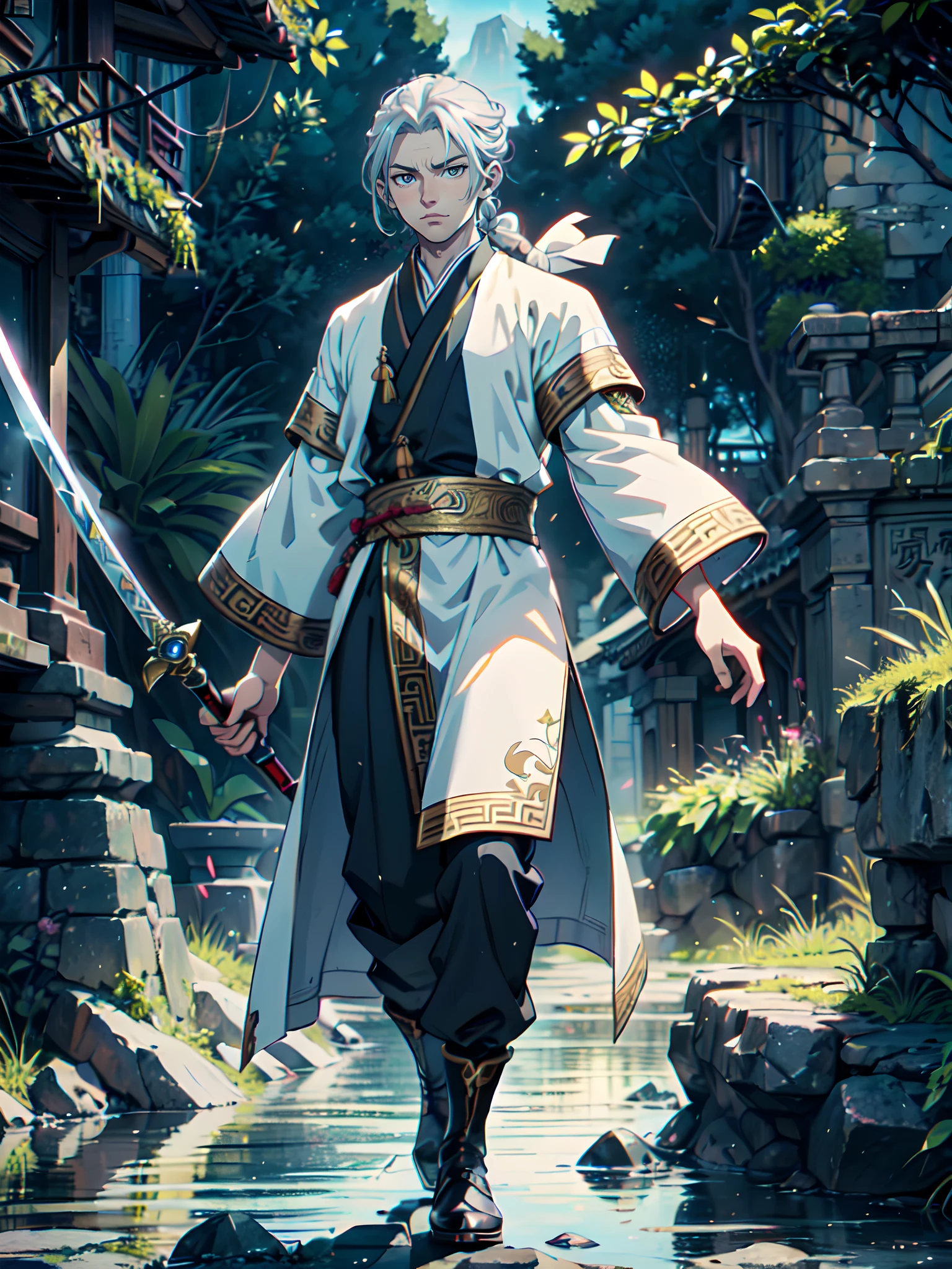 Ultra High Definition, Ultra High Quality, Extremely Detailed, Perfectly Detailed, Masterpiece, 8k, 1 Boy, Look A Like Xin From Kingdom Anime, Handsome, Equipped With Chinese Emperor Silk Clothes, Chrome White Eyes, Long Silver Hair Tied, Holding A Perfectly Detailed Excalibur, Full Body Shot, Masculine, Ancient Terrains Background