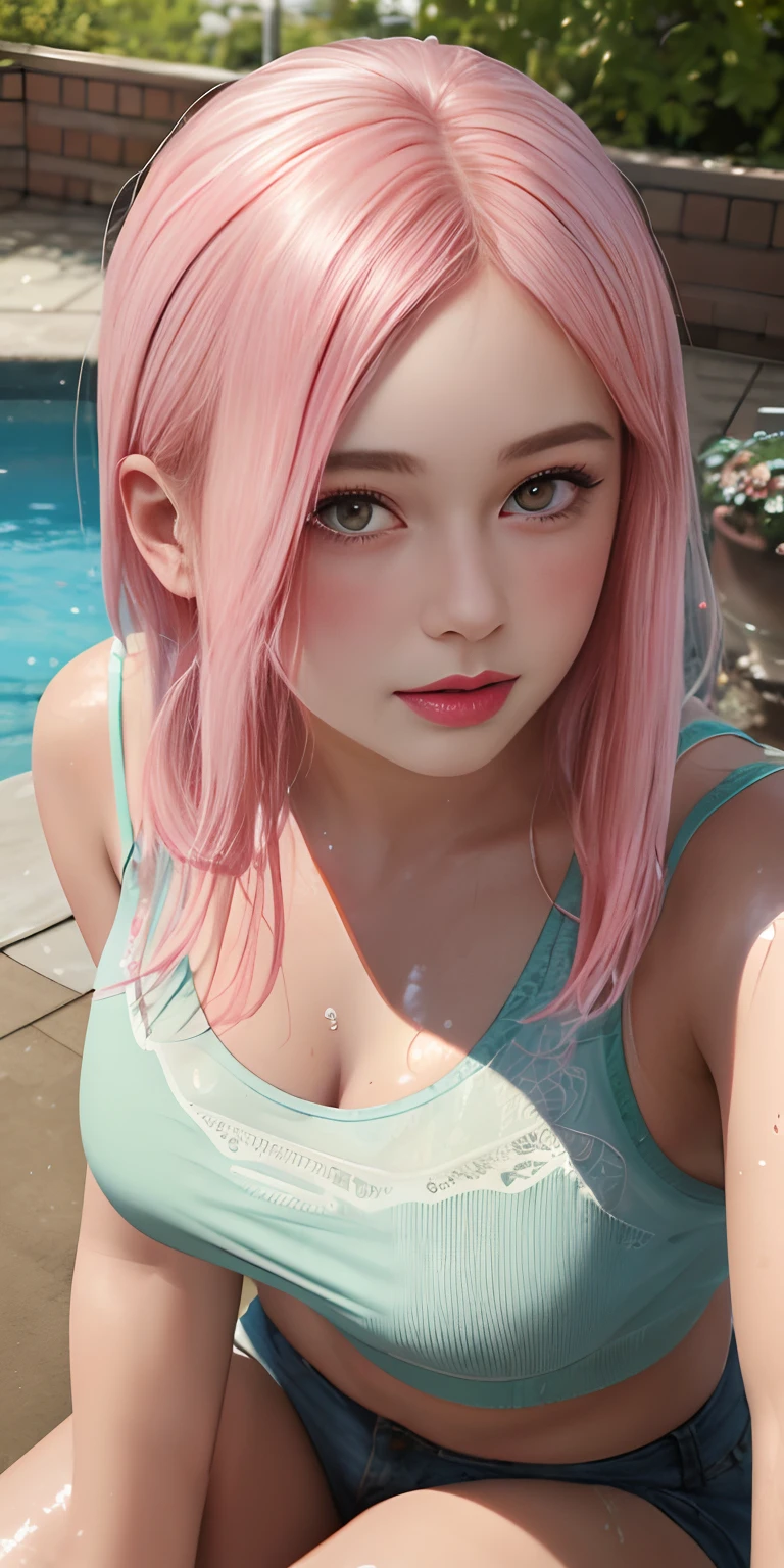 masterpiece,best quality,photo realistic,asda,face,1girl,head,thick lips, pink hair,sitting ,wet,shiny skin, mix4,