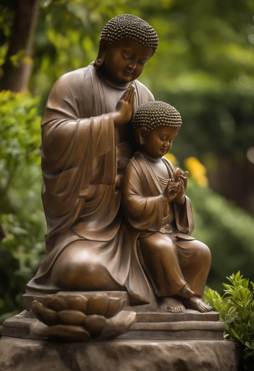 (best quality,4k,8k,Altas,master part:1.2),ultra-detalhado,(Realistic,fotorrealista,photo-realistic:1.37),two boys carrying a statue of a chubby Japanese Buddha,sculptural beauty,ambiente tranquilo do jardim,prominently displayed statue of a laughing Buddha,Traditional Japanese Garden Landscape,luscious greenery,atmosfera serena,detalhes ornamentais cuidadosamente trabalhados,Two boys with happy expressions,um em roupas japonesas tradicionais, o outro em trajes casuais;,carregando uma grande plataforma de madeira,Meticulously carved and painted statue adorned with intricate patterns and vibrant colors,Two boys struggling with the weight of the statue,suor brilhando em suas testas,peaceful sound of water flowing nearby,soft sunlight casting a warm glow,mistura harmoniosa de elementos tradicionais e modernos,positive and energetic vibrations emanating from the scene