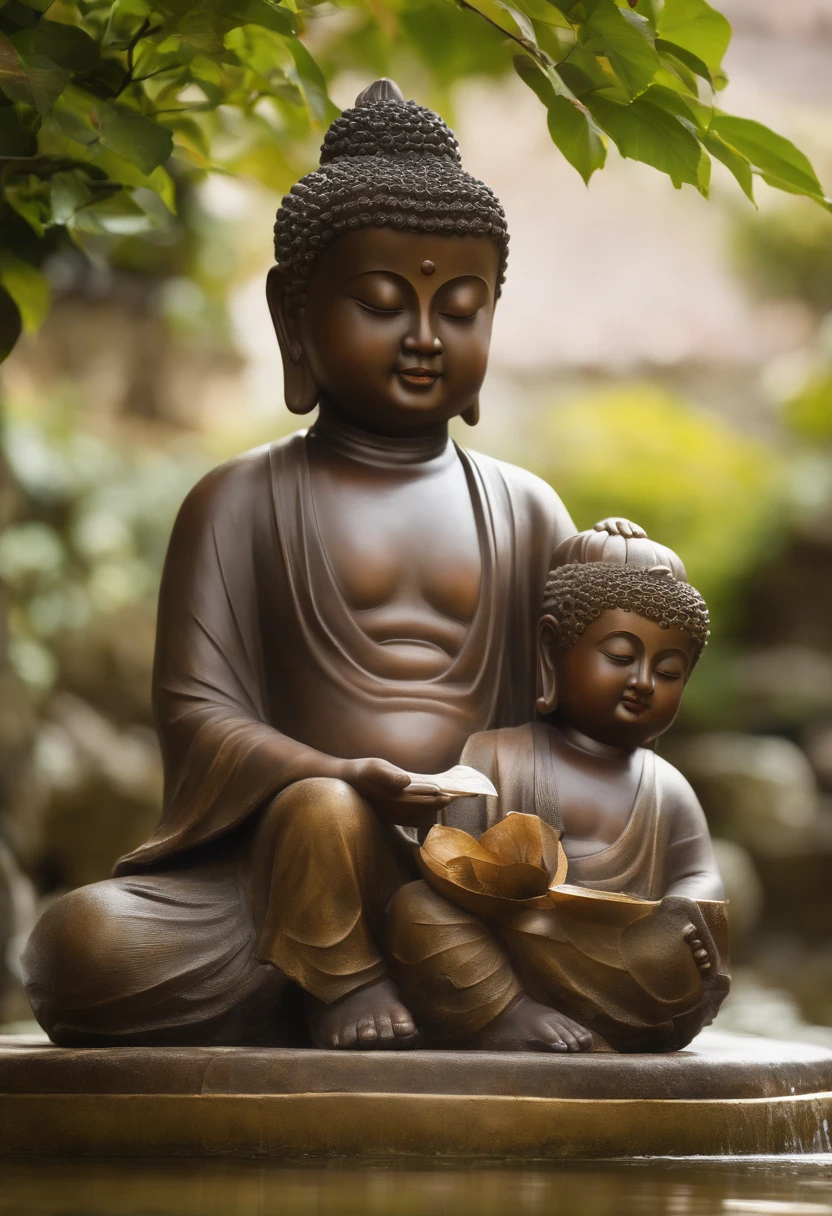 (best quality,4k,8k,Altas,master part:1.2),ultra-detalhado,(Realistic,fotorrealista,photo-realistic:1.37),two boys carrying a statue of a chubby Japanese Buddha,sculptural beauty,ambiente tranquilo do jardim,prominently displayed statue of a laughing Buddha,Traditional Japanese Garden Landscape,luscious greenery,atmosfera serena,detalhes ornamentais cuidadosamente trabalhados,Two boys with happy expressions,um menino em roupas japonesas tradicionais, o outro em trajes casuais;,carregando uma grande plataforma de madeira,Meticulously carved and painted statue adorned with intricate patterns and vibrant colors,Two boys struggling with the weight of the statue,suor brilhando em suas testas,peaceful sound of water flowing nearby,soft sunlight casting a warm glow,mistura harmoniosa de elementos tradicionais e modernos,positive and energetic vibrations emanating from the scene