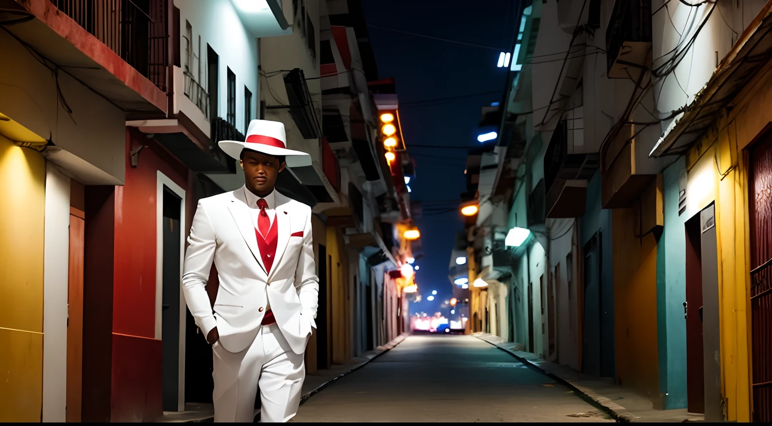 black man in white suit and red tie white and red panamá hat in a night alley in rio de janeiro