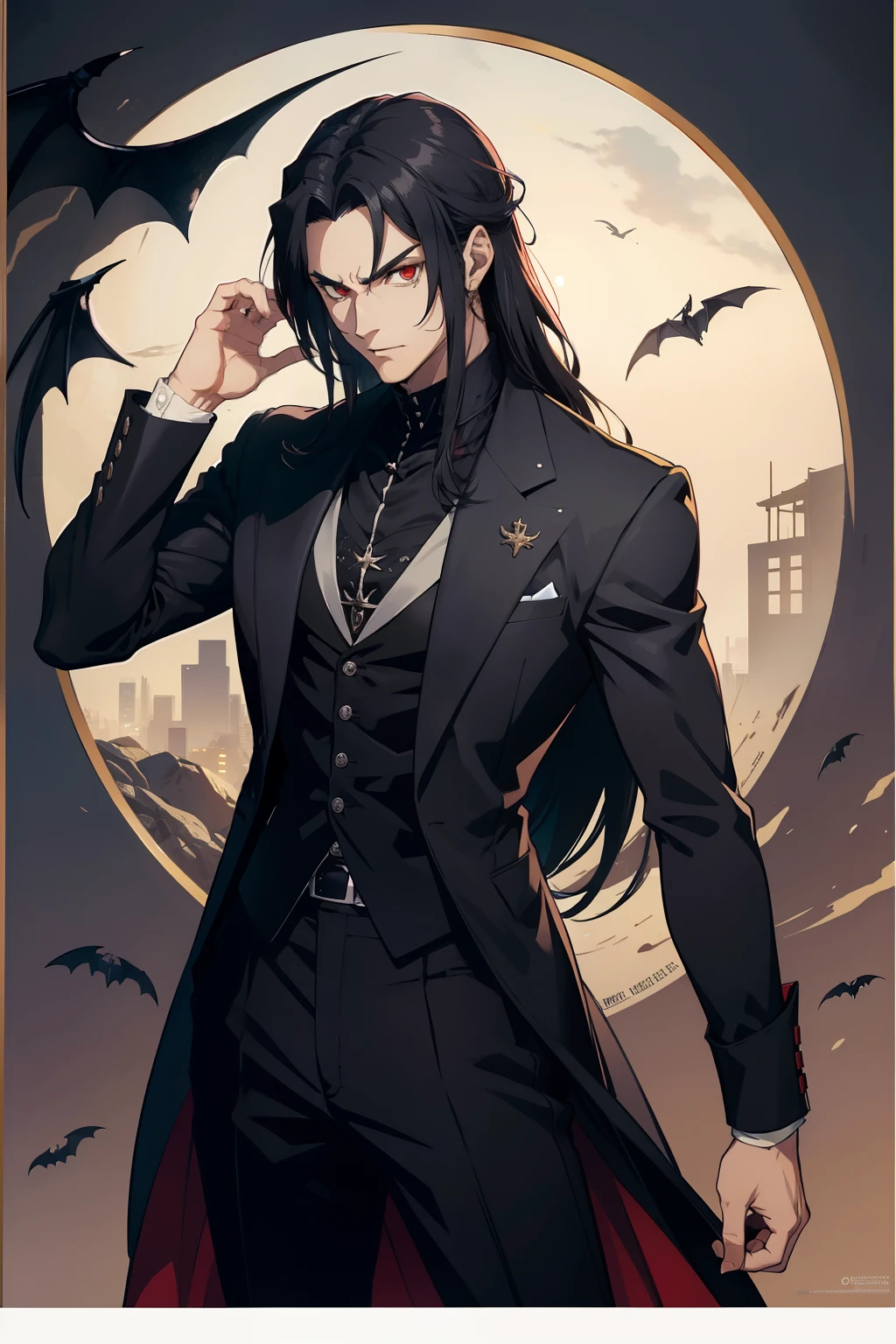 homem de meia idade, cabelo preto, Vampire Hunter. estilo anime.