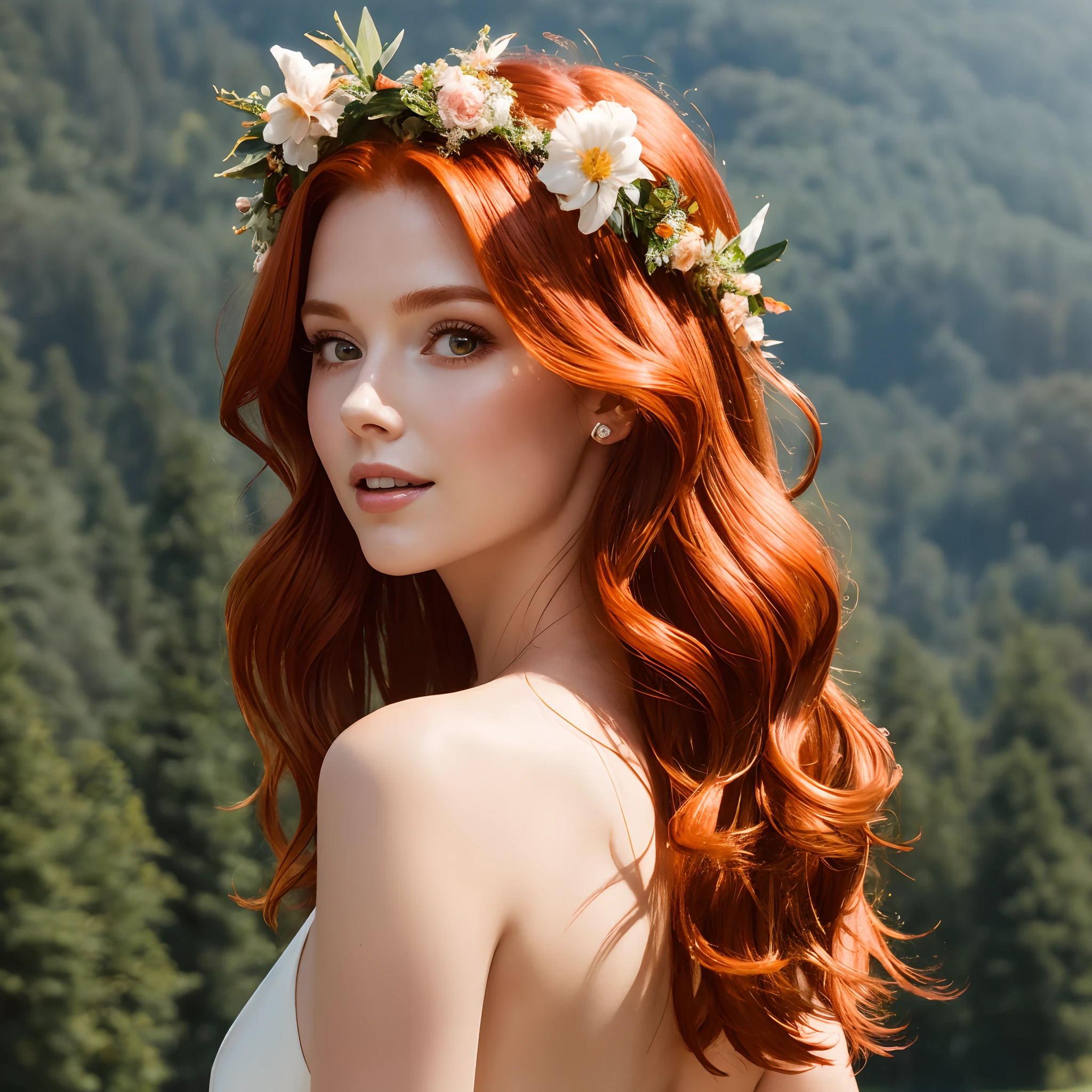 (masterpiece, sharp focus), ((closeup:1.5)), A elegant 25 years old redhead woman , floating hair, light smile, voloptuous body, forest background, volumetric light, elegant summer dress, focus face, light rain on sun light, red hair, Endsinger, light fog, flower crown