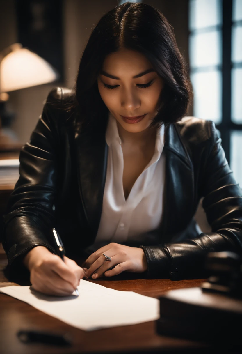 Black leather gloves in both hands, upper body, black leather rider jacket, facing the desk in the study, looking down and smiling, writing a letter using a fountain pen, black hair, long straight, young Japanese woman