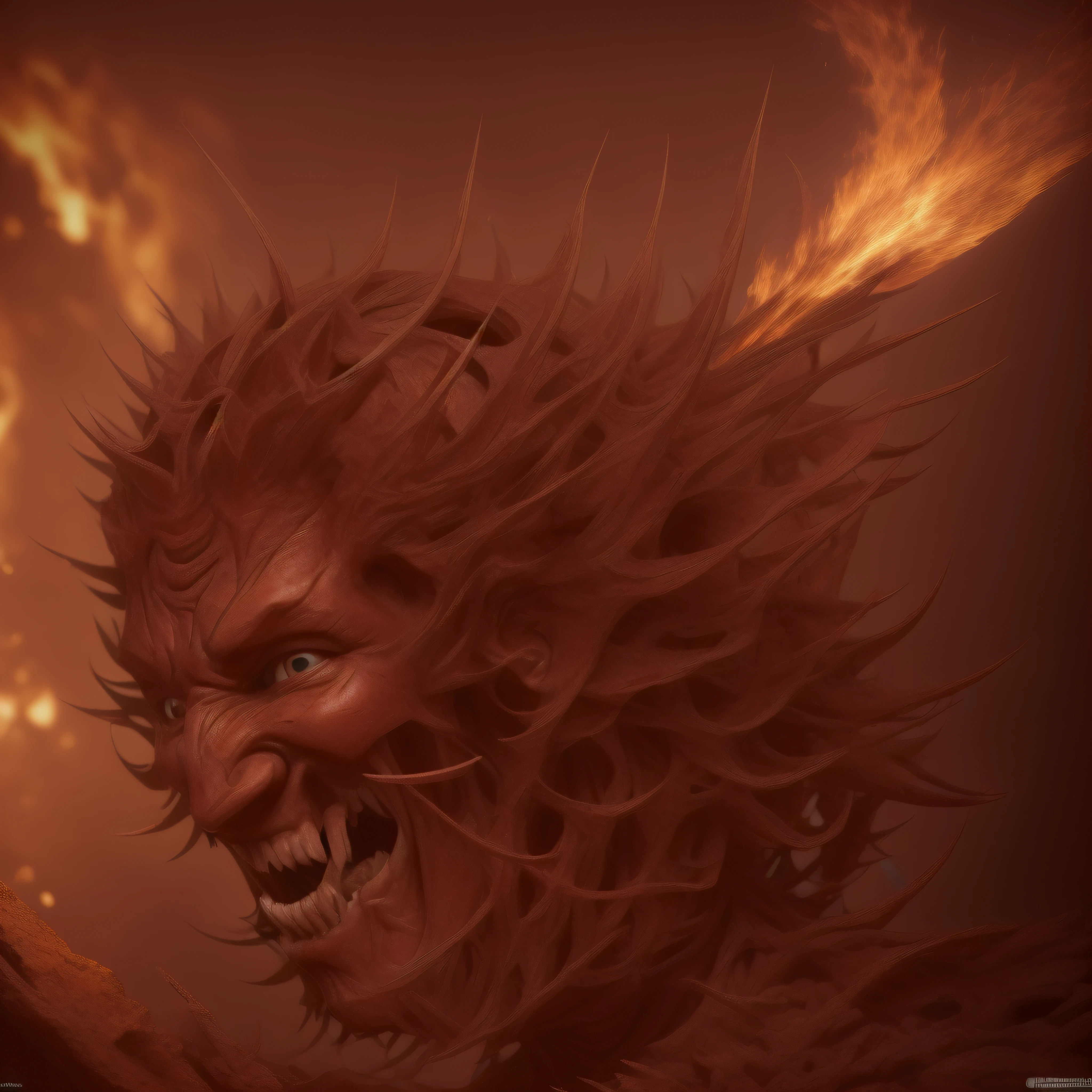 (extremadamente detallado, obra maestra, La mejor calidad, foto antigua, principios de siglo, 4K definition, ultra hd) demonio con muchos cuernos en la cabeza, sin ojos, sonriente, colmillos afilados, cuerpo rojo realista, humedo. garra afilada. Light Volumetric