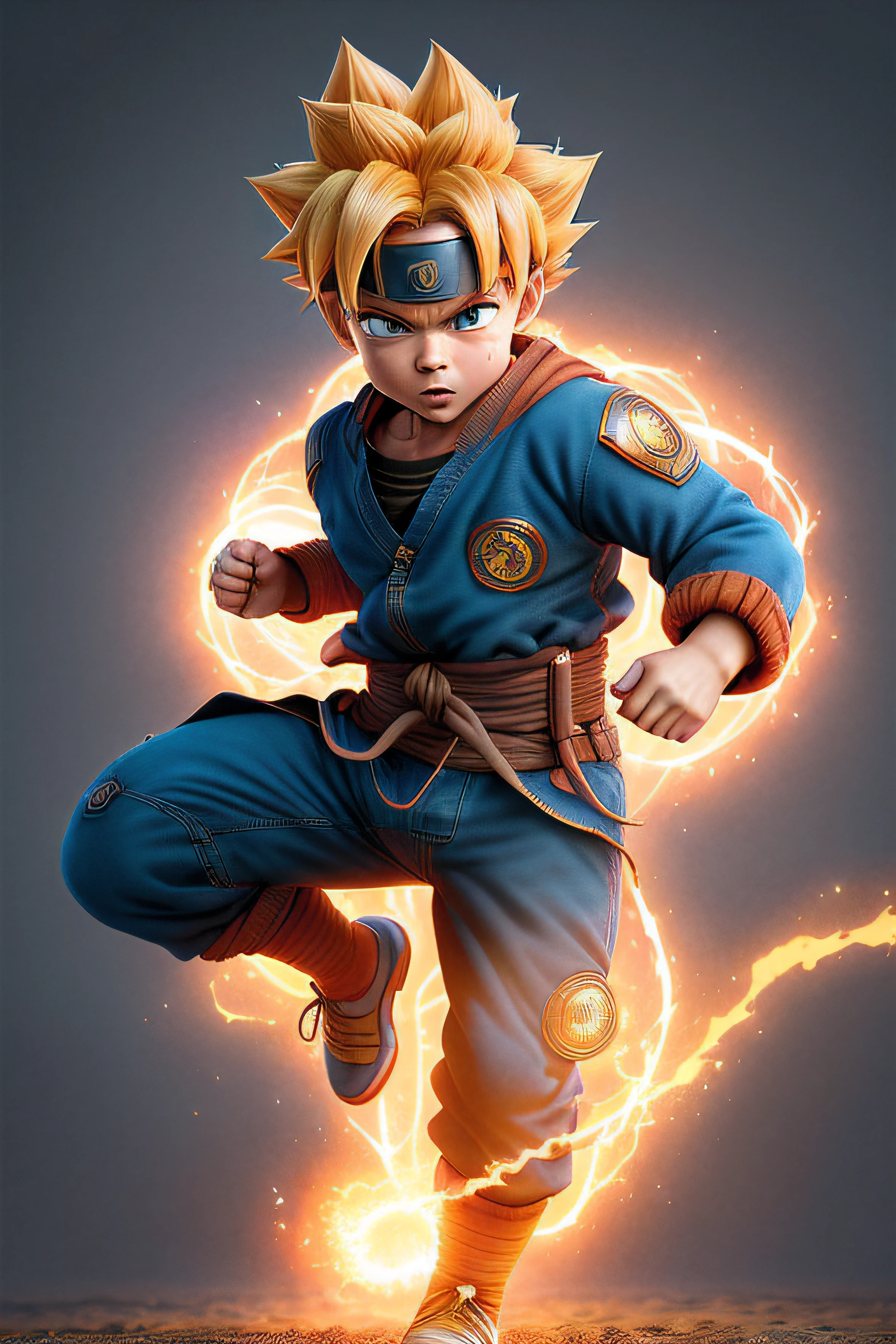 (melhor qualidade,4k,8k,Altas,master part:1.2),ultra-detalhado,(Realistic,fotorrealista,photo-realistic:1.37),Goku naruto ,medium:Dragon ball style, cores vibrantes, dynamic lighting profile, nuvens fofas, Pose Voadora, face expression, Playful energy, clear blue sky