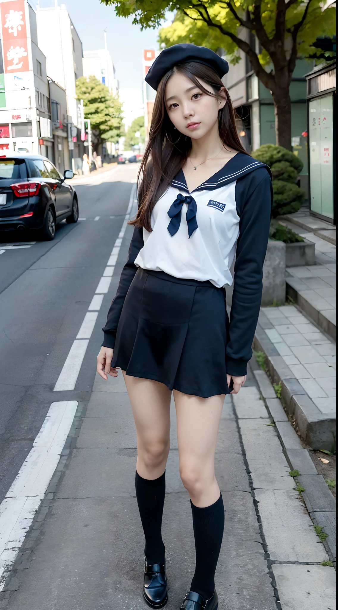 mix4, (16 K, Raw photography, Top image quality, ​masterpiece: 1.45), (realisitic, Photorealsitic: 1.37), one girls, 7．5, etc、Standing figure，Noon time slot、cute little, A city scape,, profetional lighting, photon maping, Cityscape with street trees, physically-based renderingt, Gradient dark brown hair,, a handsome, Well-groomed and beautiful eyes、Large double eyelids、Very shiny、girl with, (((student clothes、Long sleeve sailor suit worn by Japan schoolgirl、red cuffs、Dark blue mini skirt, Small gray beret、Dark blue knee-high socks、Black loafers))), Top Quality Photos, hight resolution, 1080p, (clearface), (Detailed face description), (Detailed hand description), (​masterpiece), (Exquisite CG)、extreme light and shadows、dishevled hair、master work、abundant detail、(Fine facial features)、(top quality photo)、(masuter piece)、(A detailed eye)、Look in front of you、Fine clavicle、((Slender big))、(((Japan schoolgirl in long-sleeved sailor suit)))、((Ready Idol System))、((Boulevard with street trees、Roads at the scramble intersection))、(Shooting from random perspectives)、(((Anyway cute)))、耳Nipple Ring、A big smile、Drawing the whole body from the knees、Do not draw nasolabial folds、(((Long-sleeved sailor suit)))、(Big breasts that hang down big:1.2)、Big buttocks with tension、Two arms and two legs、(((from the front side:0.5)))、bare hand、No mask