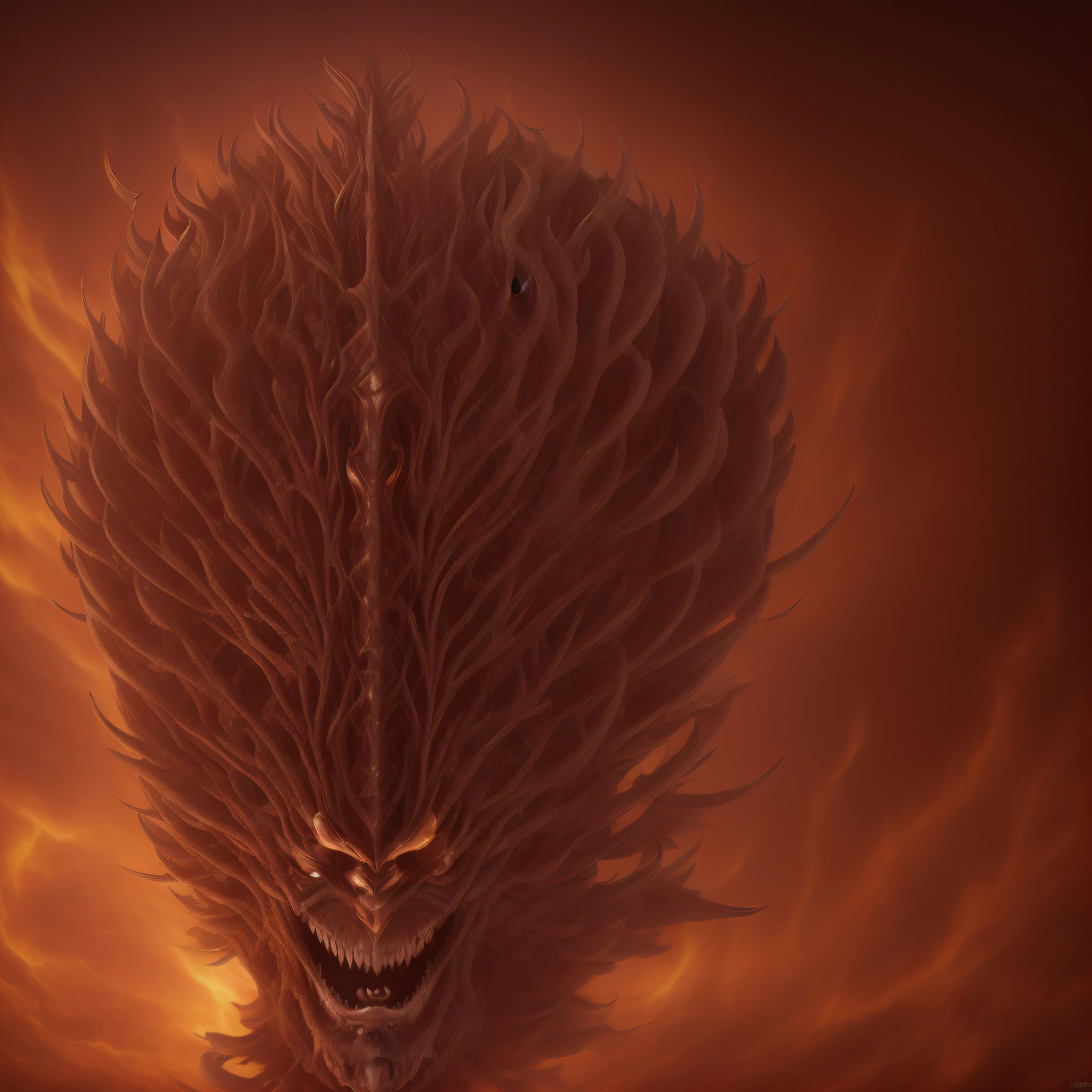 (extremadamente detallado, obra maestra, La mejor calidad, foto antigua, principios de siglo, 4K definition, ultra hd) demonio con muchos cuernos en la cabeza, sin ojos, sonriente, colmillos afilados, cuerpo rojo realista, humedo. garra afilada. Light Volumetric