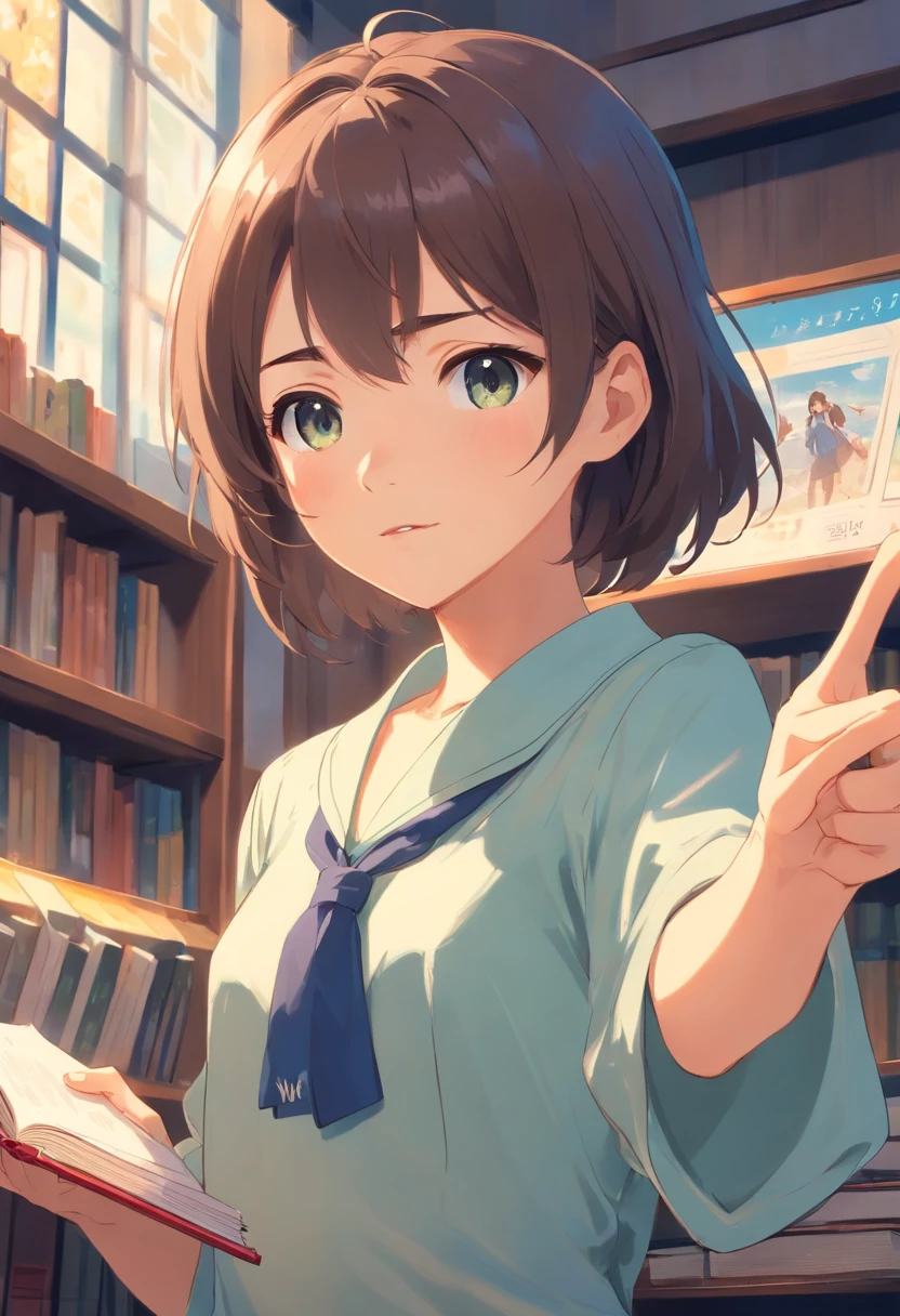 Blouse-clad girl, pointing at you and scolding , holding a book in left hand, margin at the top