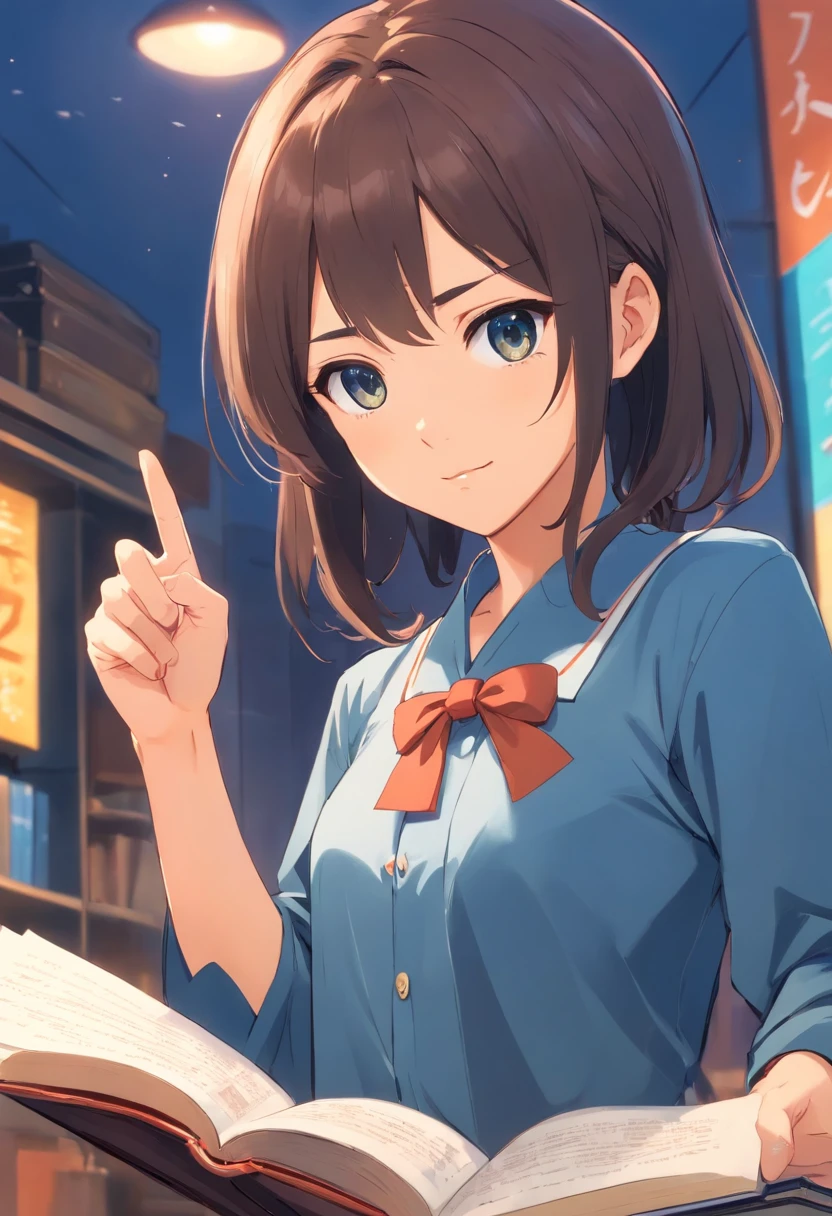Blouse-clad girl, pointing at you and scolding , holding a book in left hand, margin at the top