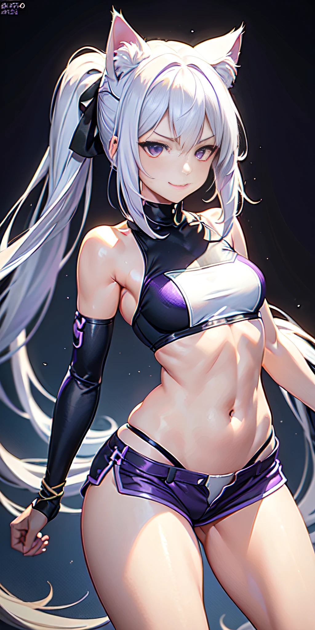  Girl, Long White Hair, Purple Eyes, Cat Ears, Superhero Uniform, Shorts, Sleeveless, Open Belly, Inner Sideboob, Smirk, Masterpiece, High Quality, Ultra-Detailed, Photorealistic, Vivid Colors, Studio Lighting, Portraits, Sharp Focus, Physically-Based Rendering, Bokeh, Purple Color Palette, Soft Lighting