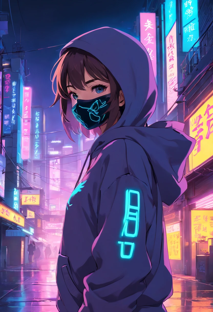 Girl in hoodie with a neon ninja mask, Phantom Neon, neon and dark, Imagen principal 1024px, Hintergrundgrafik, Estilo de arte oscuro, Neon-Cyberpunk, Sonrisa malvada y ojos brillantes, Arte Synthwave, Black neon, Estilo de arte cyberpunk, Estilo espeluznante, Brillante resplandor cyberpunk, Digital Neon Art, Fondo de pantalla 4k, Fondo de pantalla 4 K