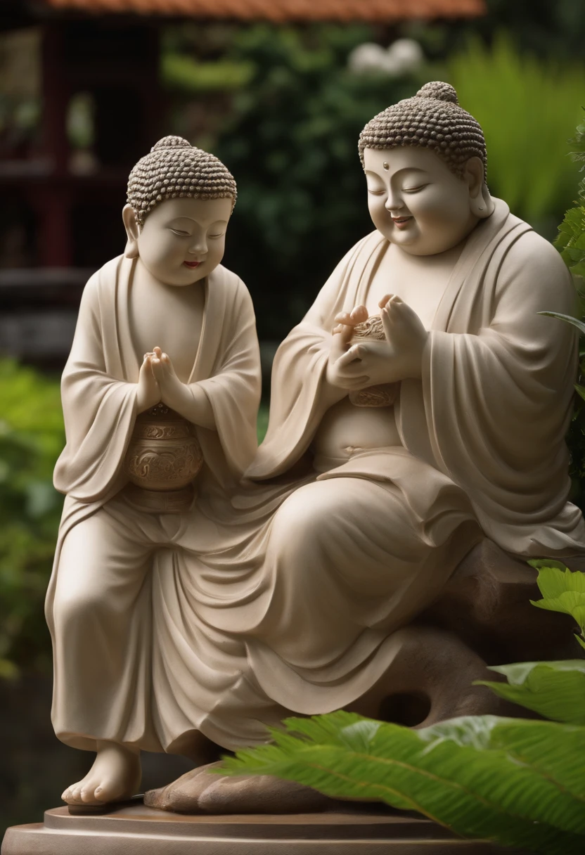 (best quality,4k,8k,Alto,master part:1.2),ultra-detalhado,(Realistic,fotorrealista,photo-realistic:1.37),two young men carrying a statue of a chubby Japanese Buddha,sculptural beauty,ambiente tranquilo do jardim,prominently displayed statue of a laughing fat Buddha,Traditional Japanese Garden Landscape,luscious greenery,atmosfera serena,detalhes ornamentais cuidadosamente trabalhados,Two boys with happy expressions,um menino em roupas japonesas tradicionais, o outro em trajes casuais;,carregando uma grande plataforma de madeira,Meticulously carved and painted statue adorned with intricate patterns and vibrant colors,Two boys struggling with the weight of the statue,suor brilhando em suas testas,peaceful sound of water flowing nearby,soft sunlight casting a warm glow,mistura harmoniosa de elementos tradicionais e modernos,positive and energetic vibrations emanating from the scene