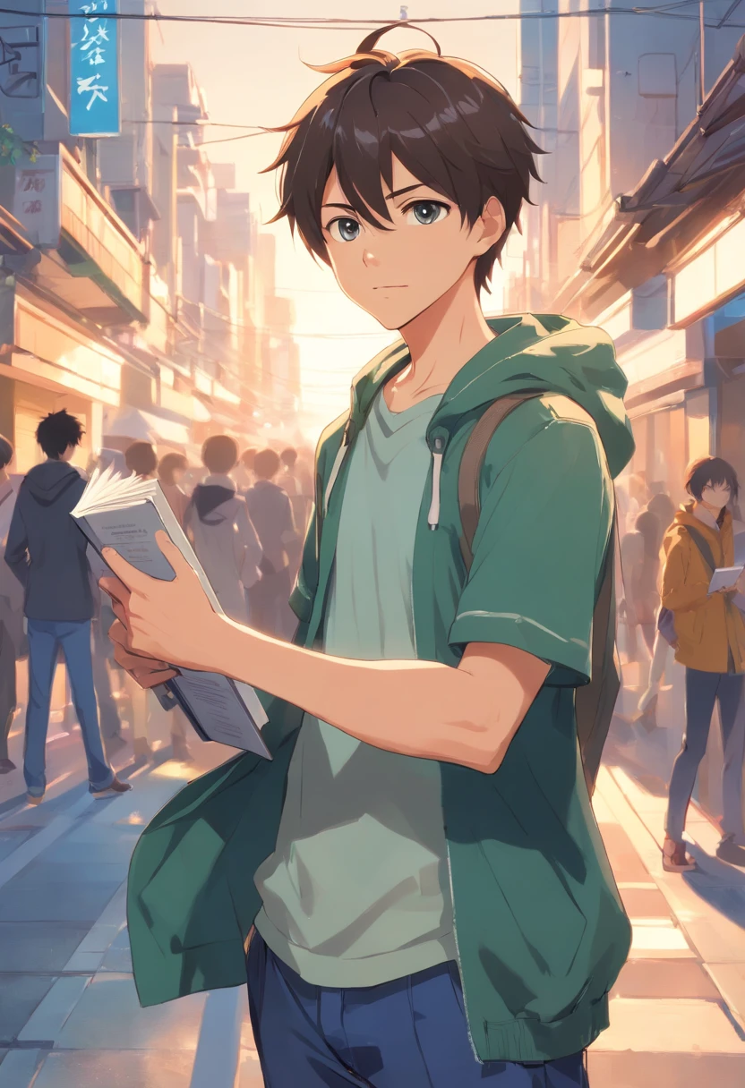 1young man, pointing at you and scolding , holding a book in left hand, fullbody