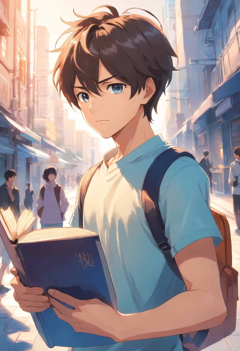 ung man, pointing at you and scolding , holding a book in left hand, fullbody