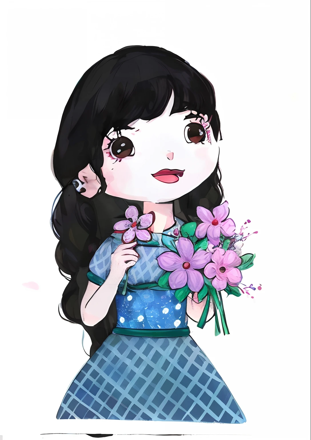 Cartoon girl with flowers in hand and a teddy bear, flores em seus cabelos escuros, com flores, com um rosto de flor, retrato feminino com flores, arte digital bonito, meninaabelo preto, senhora com vestido de flores brilhantes, vestido com um vestido de flor, inspirado em Kim Du-ryang, cute illustration, in illustration style digital, arte tradicional