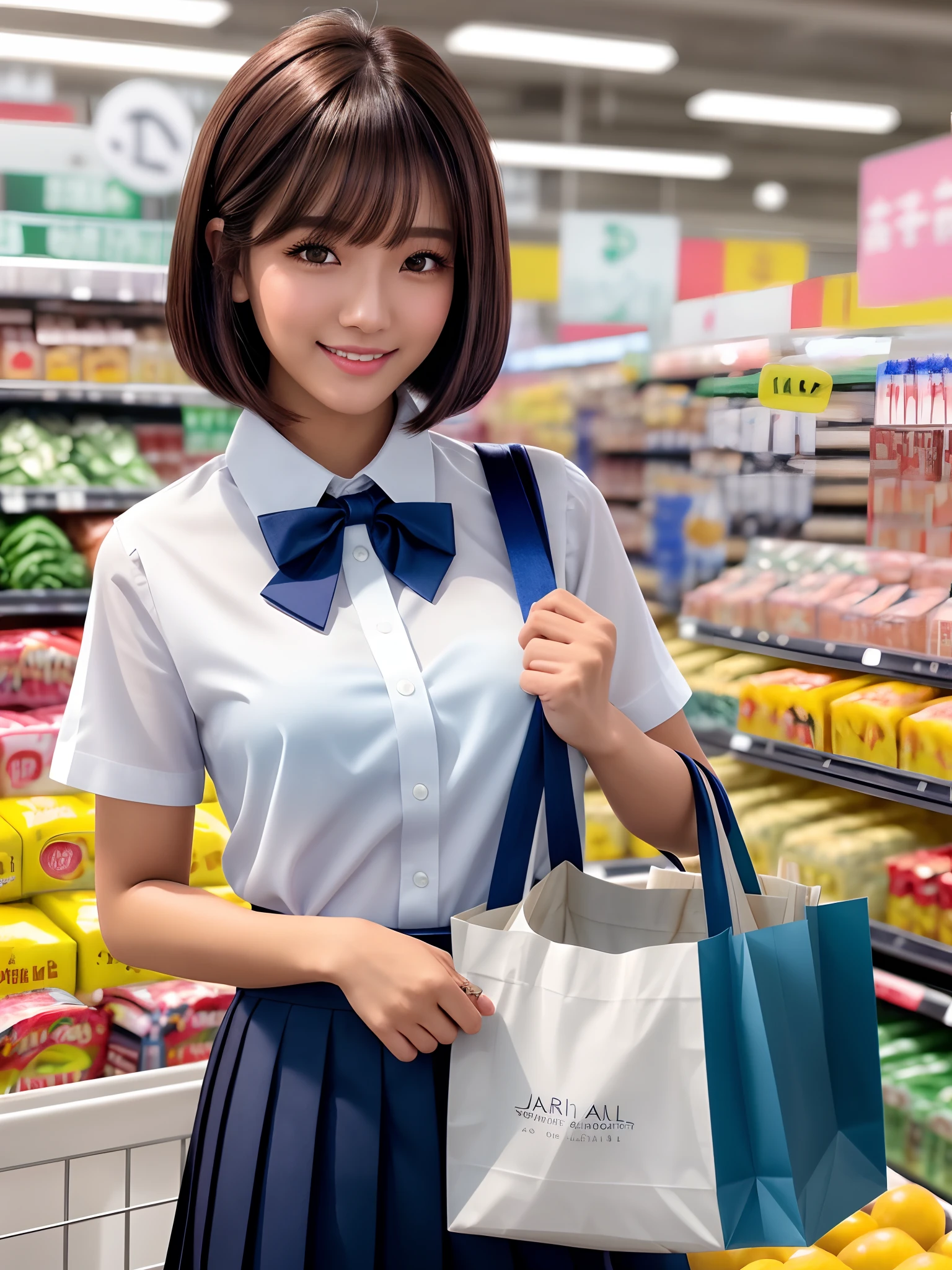 product quality, 1 girl, upper body shot, Front view, young beautiful japanese woman, bob hair, Smiling while shopping in a crowded supermarket, glamorous look, Wearing a short-sleeved white collared silk shirt and a plain dark blue shiny satin bow tie, She is wearing a navy blue pleated long skirt., carrying a tote bag over his shoulder, super cute face, glossy lips, double eyelids in both eyes, natural makeup, long eyelashes, shiny smooth light brown bob hair, asymmetrical bangs, tanned skin, center image, High resolution, high detail, detailed hairstyle, detailed face, great cinematic lighting, octane rendering, lively, surreal, perfect limbs, perfect anatomy、((sexual pose:1.5))、((spread legs:1.5))、((nipple erection:1.5))、((Breasts exposed:1.5))、((Sticking a vibrator into her pussy:1.5))