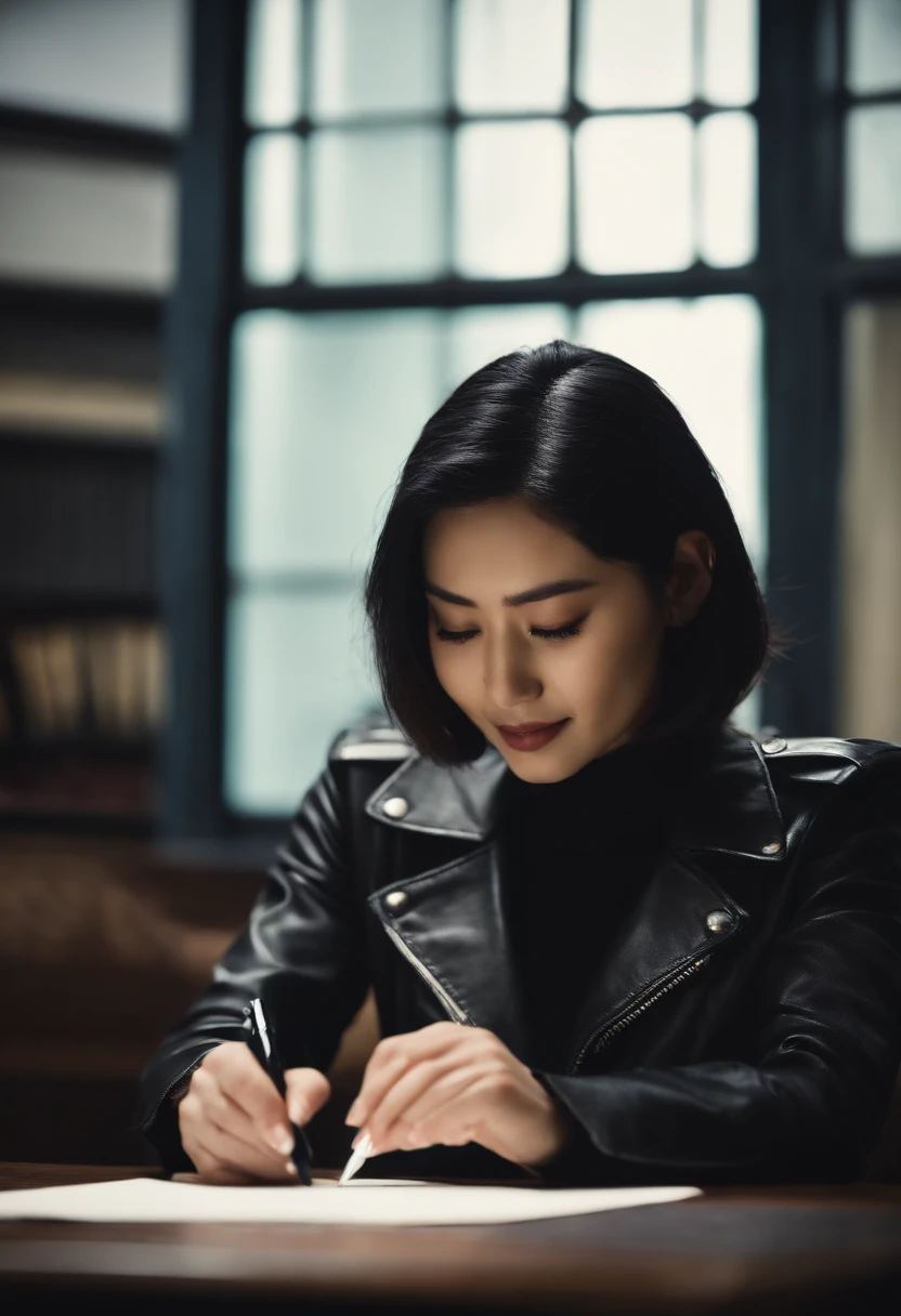 Black leather gloves in both hands, upper body, black leather rider jacket, facing the desk in the study, looking down and smiling, writing a letter using a fountain pen, black hair, long straight, young Japanese woman