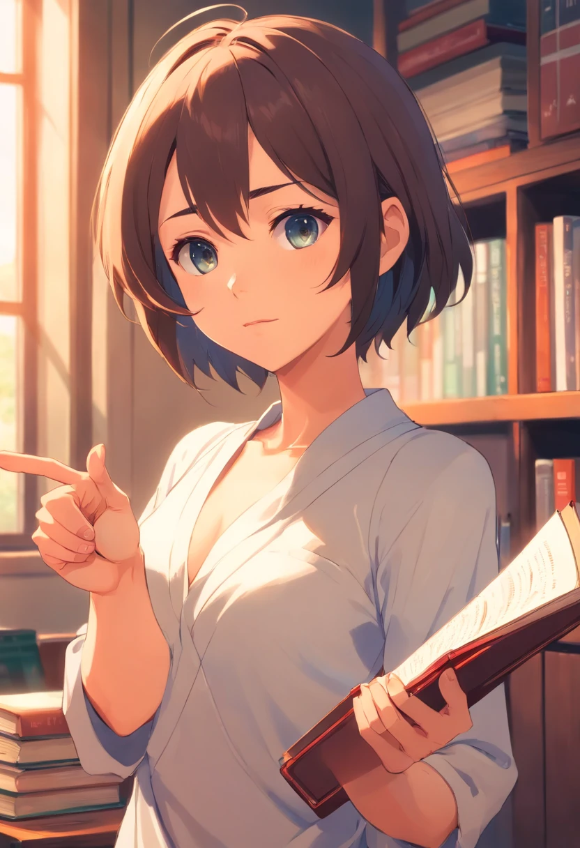 girl with, Pointing at you and scolding , Holding a book in his left hand, Top margin,large boob,fullnude