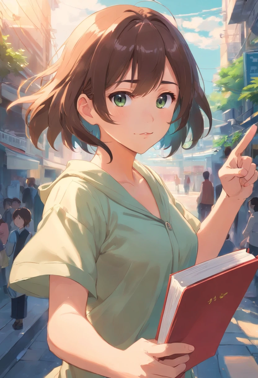 girl with, Pointing at you and scolding , Holding a book in his left hand, Top margin,large boob,fullnude