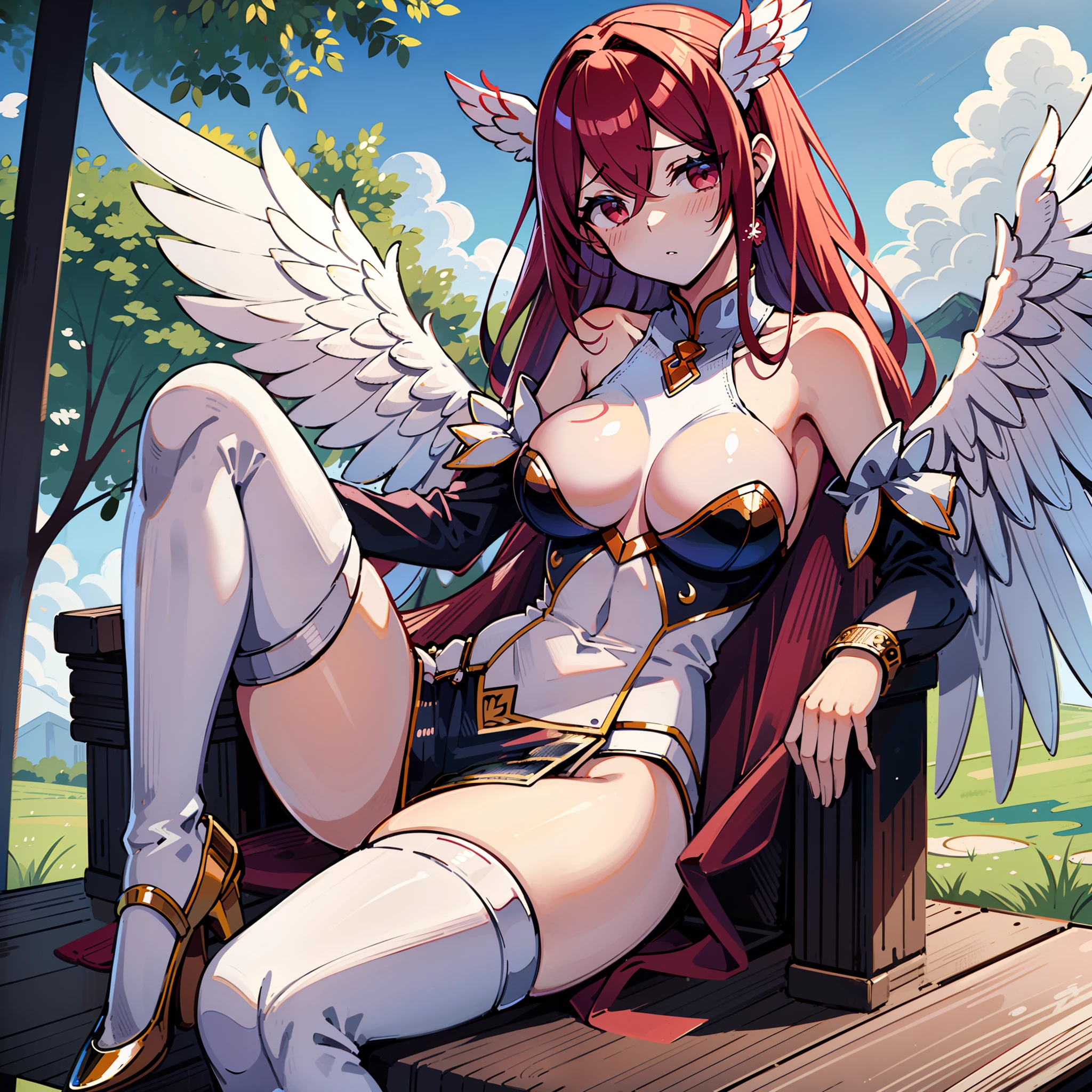 Sexy, Cherry Red hair, large breasts, an angelic character wearing white, gold and blue, 1girl, solo, wings, detached sleeves, thighhighs, spread legs, feathered wings, blush, navel, hair between eyes, outdoors, angel wings, high heels, sitting, white thighhighs, long hair, skinny