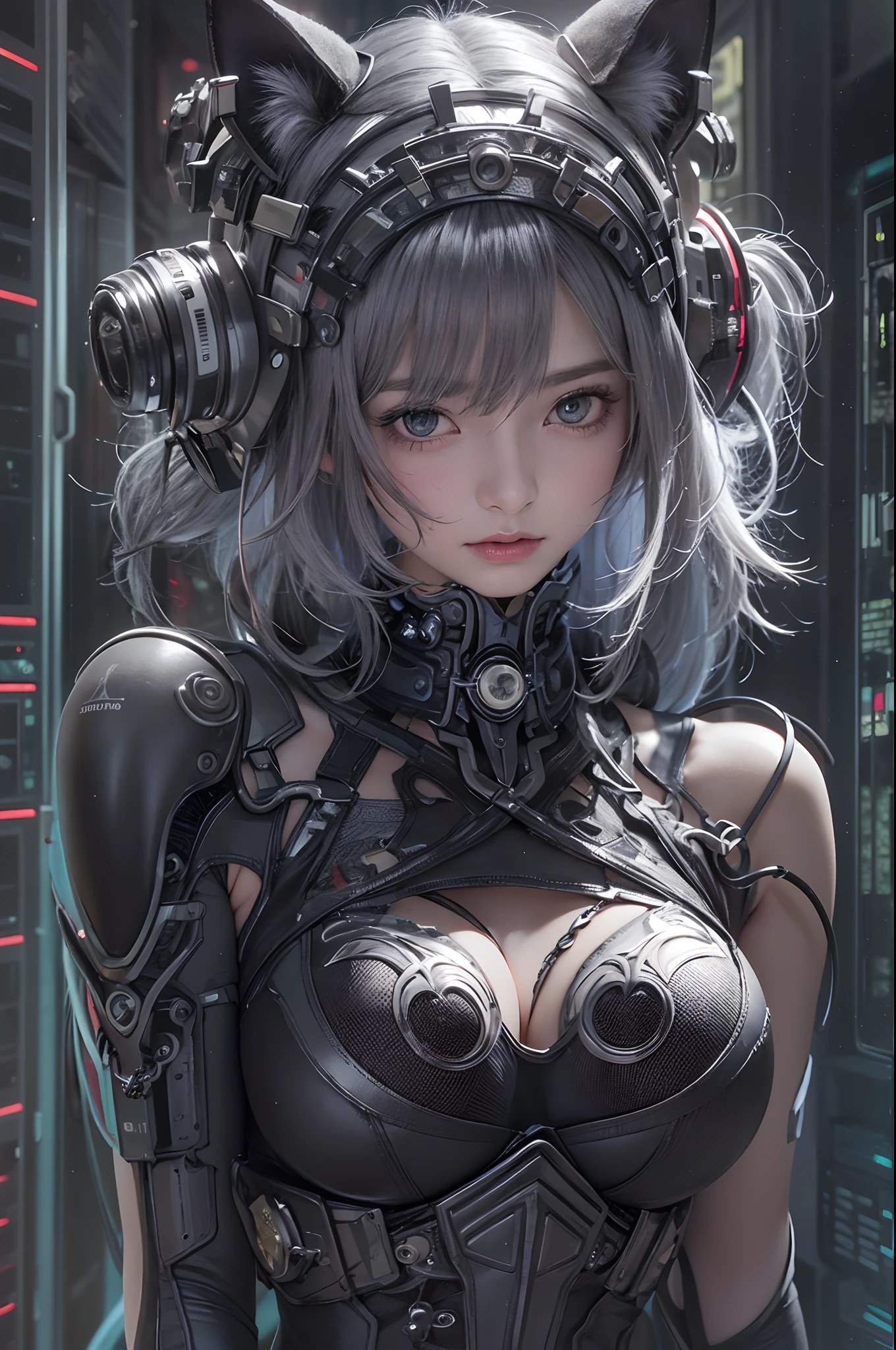 top-quality、masterpiece、超A high resolution、(Photorealsitic:1.4)、co-sleeping、Gray tones、Lomo Camera、((Ambient Dimming))、garl、(Gray hair bob cut)、glowy skin、1 Mechanical Girl、((super realistic details))、portlate、globalillumination、Shadow、octan render、8K、ultrasharp、Raw skin is exposed in cleavage、metals、highly intricate detail、Realistic light、CGSoation Trends、a purple eye、radiant eyes、Facing the camera、blood vessels connected to tubes、mechanical cervical attaching to neck、sitting on、Wires and cables connecting to the head、Small LED lamp、((cyberpunk backgrouns))、Black Dress、Cat's ears、(Black Ring)、Shoulders exposed、((Metal Chrome))、The gemstone is black、greys、Black lace ornament