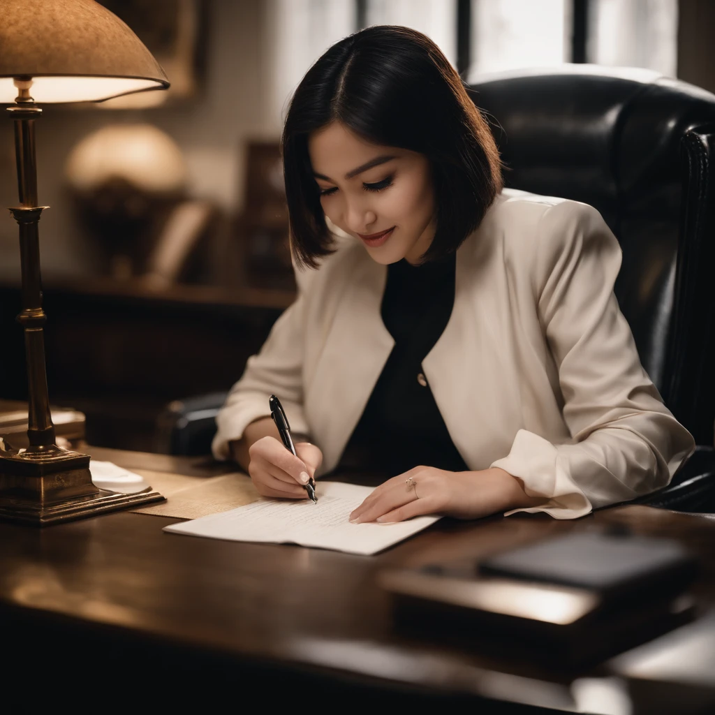 Black leather gloves in both hands, upper body, black leather rider jacket, facing the desk in the study, looking down and smiling, writing a letter using a fountain pen, black hair, long straight, young Japanese woman