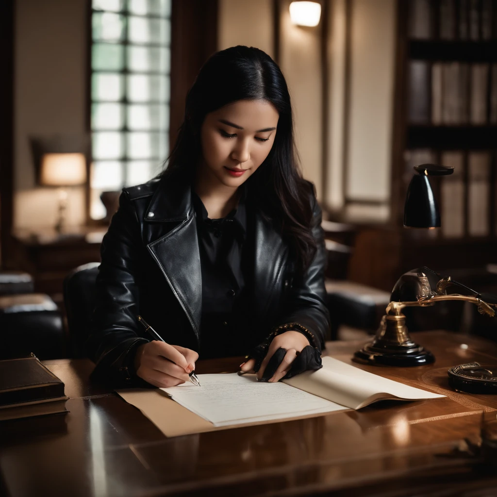 Black leather gloves in both hands, upper body, black leather rider jacket, facing the desk in the study, looking down and smiling, writing a letter using a fountain pen, black hair, long straight, young Japanese woman