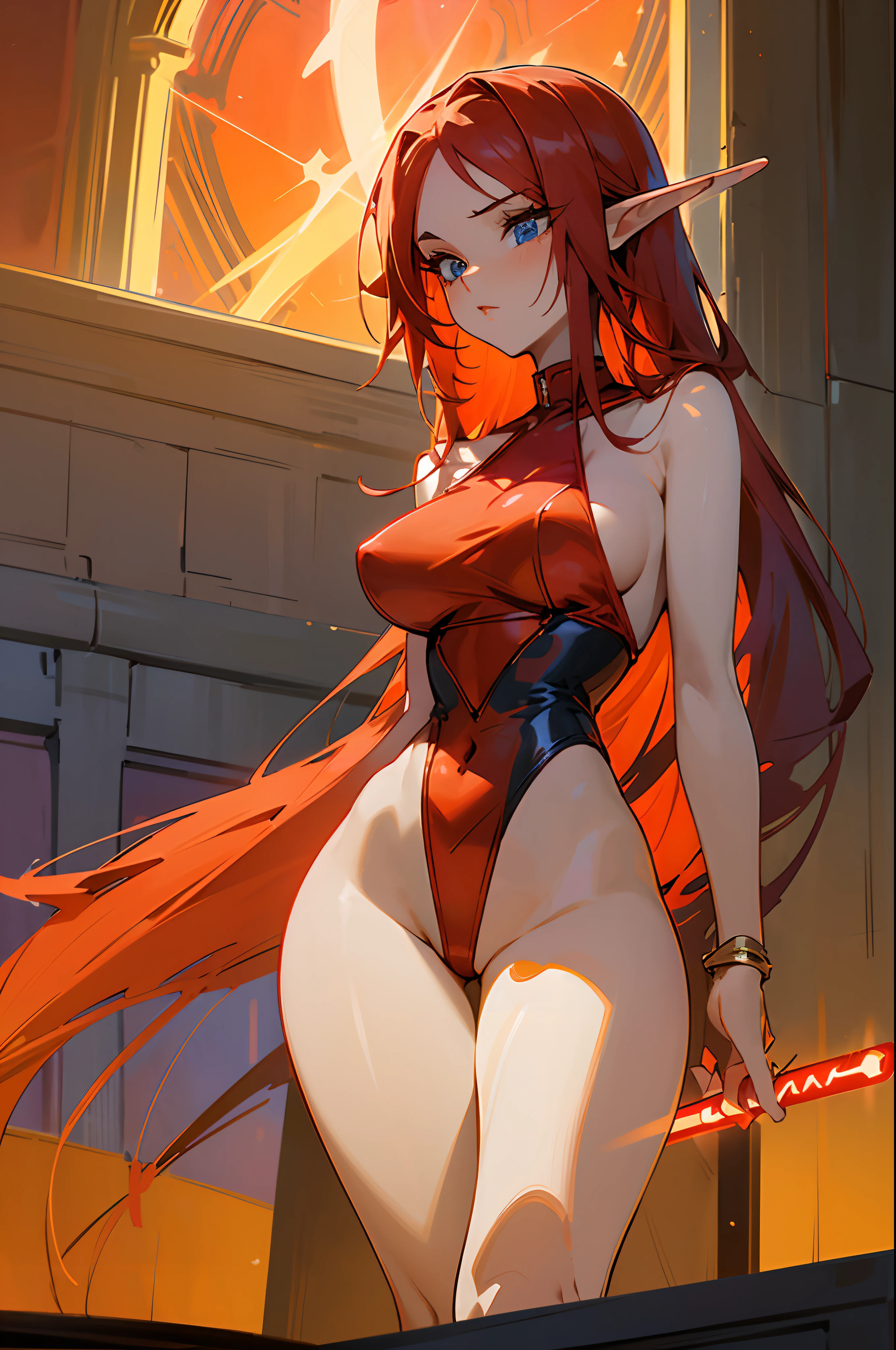 detailed anime style, beautiful and stunning artwork, red clothes, shimmering shadows, strong colors,, an elf woman, red light lightsaber, cabelo cacheado, orange and red voluminous long hair, blue eyes, beautiful body, large hips. red armor, red one piece swimsuit with golden, black and white details. Medieval city background with orange and red lights