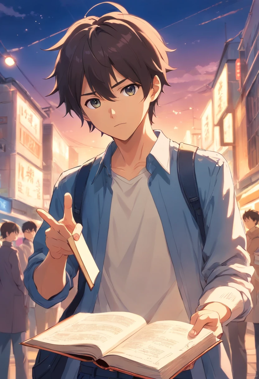 ung man, pointing at you and scolding , holding a book in left hand, fullbody