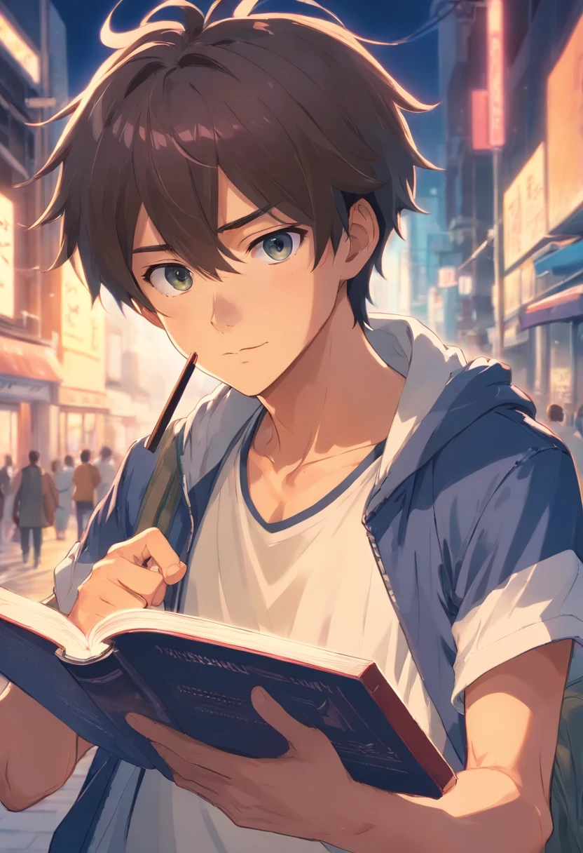 1young man, pointing at you and scolding , holding a book in left hand, fullbody
