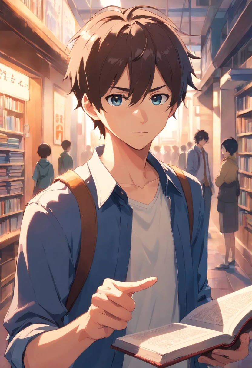 1young man, pointing at you and scolding , holding a book in left hand, fullbody
